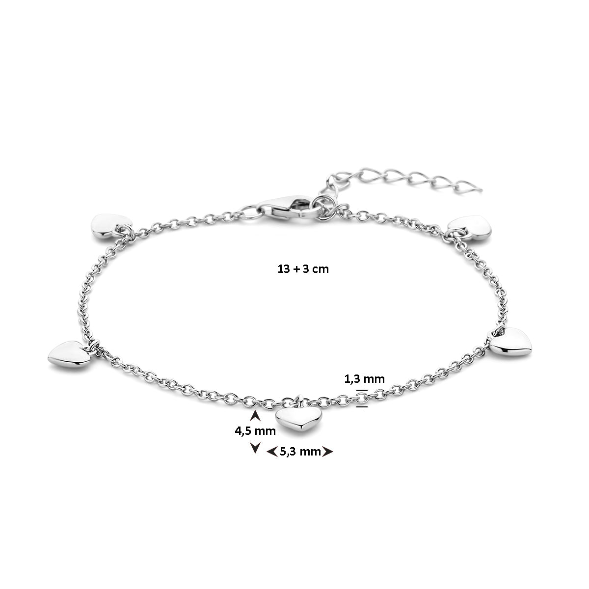 Afmetingen van de zilveren kinderarmband met hartjes: draaglengte 13 tot 16 cm, hartjes 4,5 x 5,3 mm.