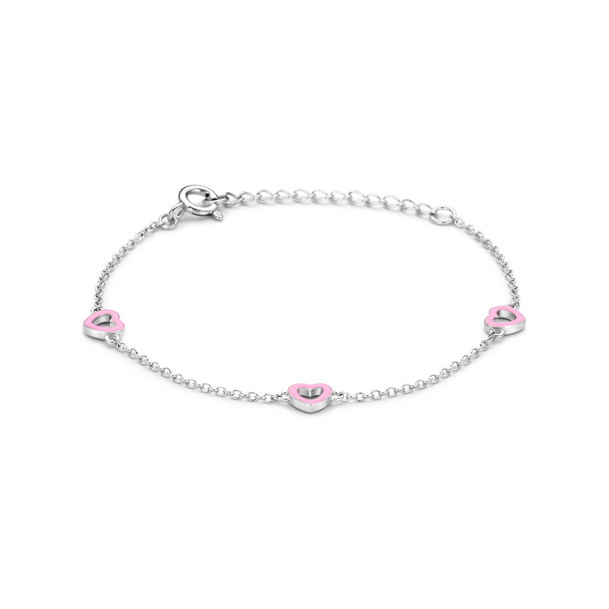 Vooraanzicht van de zilveren kinderarmband met roze hartjes.
