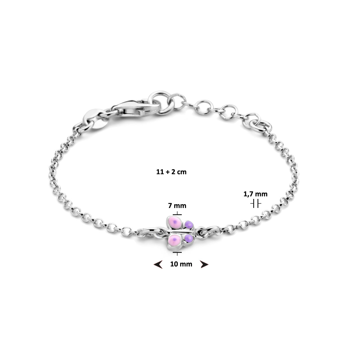 Afmetingen van de zilveren kinderarmband met vlinder: 11 + 2 cm lang, vlinder van 7 x 10 mm.