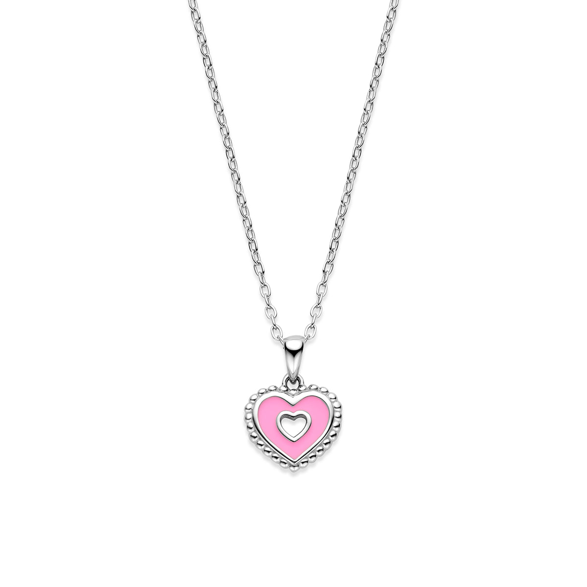 Vooraanzicht van de 925 gerhodineerd zilveren kinderketting hartje roze