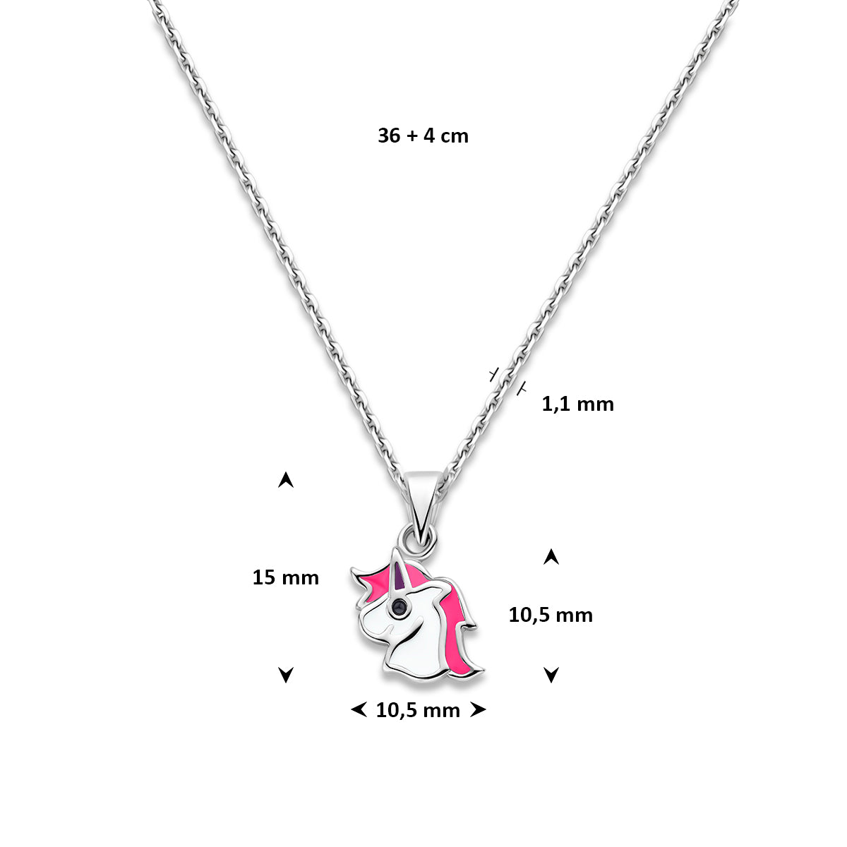 Afmetingen van de zilveren kinderketting met eenhoorn: draaglengte 36 tot 40 cm, eenhoorn 10,5 mm.