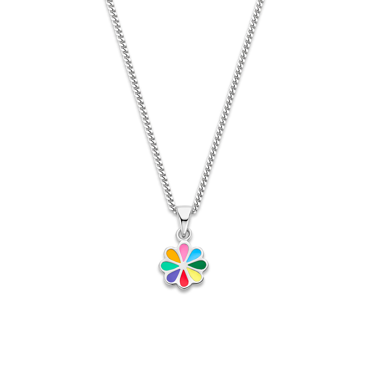 Vooraanzicht van de zilveren kinderketting met bloem.