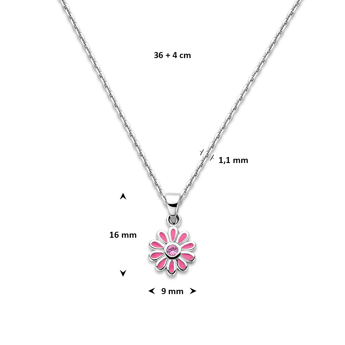 Afmetingen van de zilveren kinderketting met bloem: draaglengte 36 tot 40 cm, bloem 16 x 9 mm.