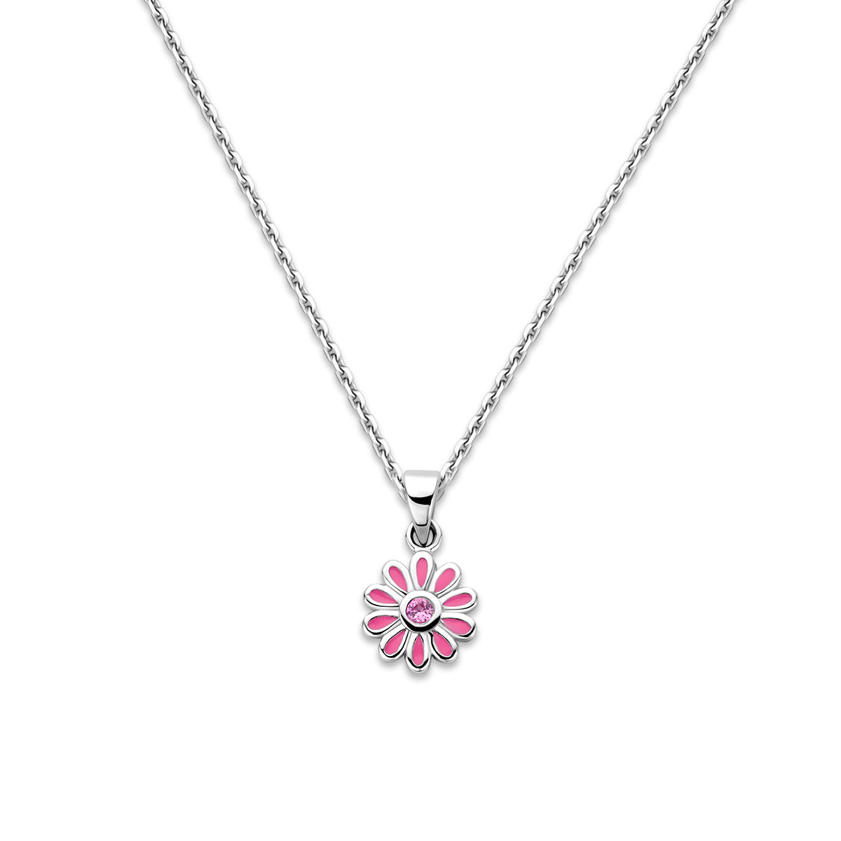 Vooraanzicht van de zilveren kinderketting met bloem.