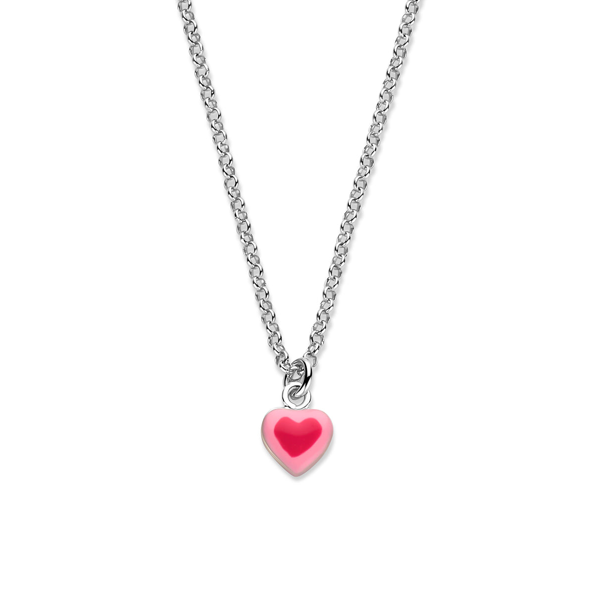 Vooraanzicht van de zilveren kinderketting met roze emaille hartje.