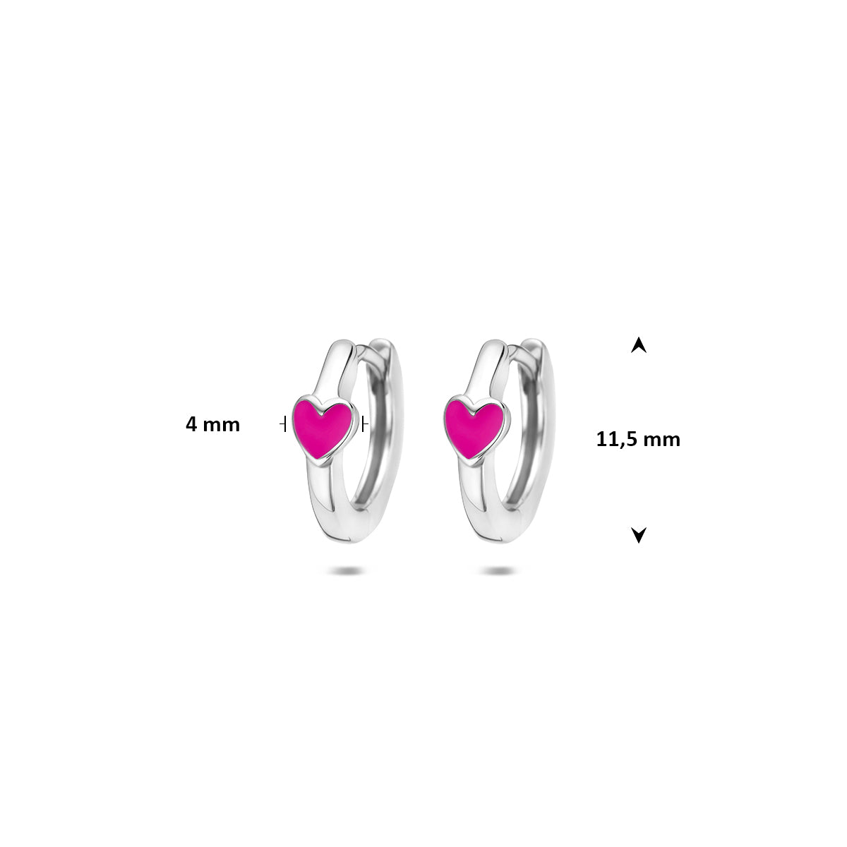 Kinderoorbellen zilver: afmetingen van de 925 gerhodineerd zilveren kinderklapoorringen met roze hartje, 11,5 mm doorsnee en 4,0 mm breed.