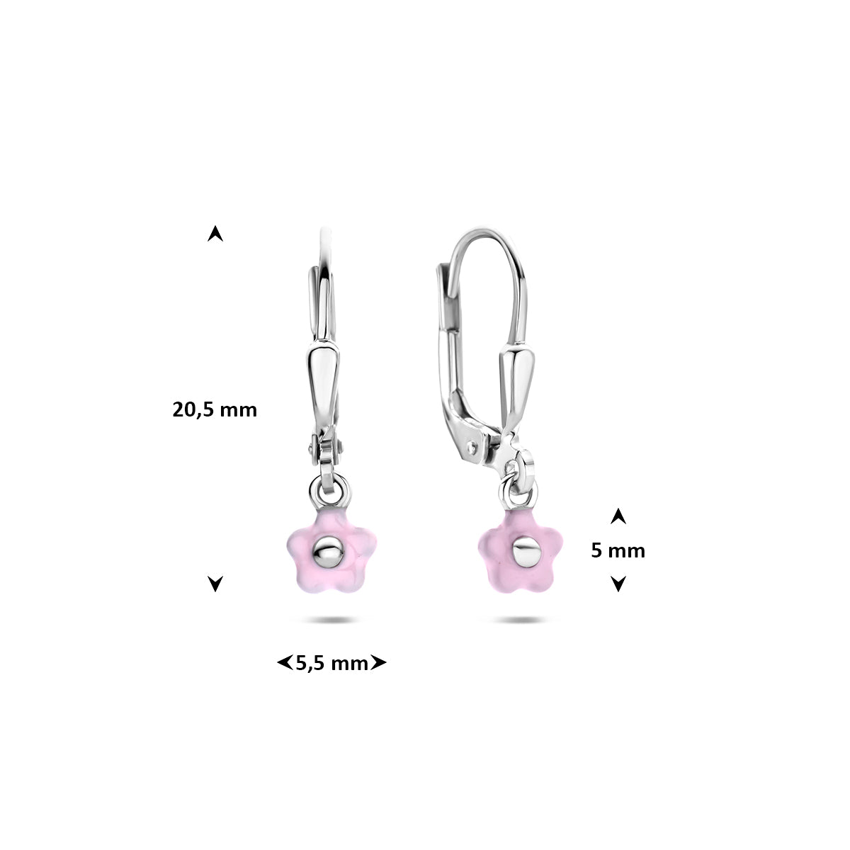 Kinderoorbellen zilver: afmetingen van de 925 gerhodineerd zilveren kinderoorhangers met roze bloem, 20,5 mm hoog en 5,5 mm breed.