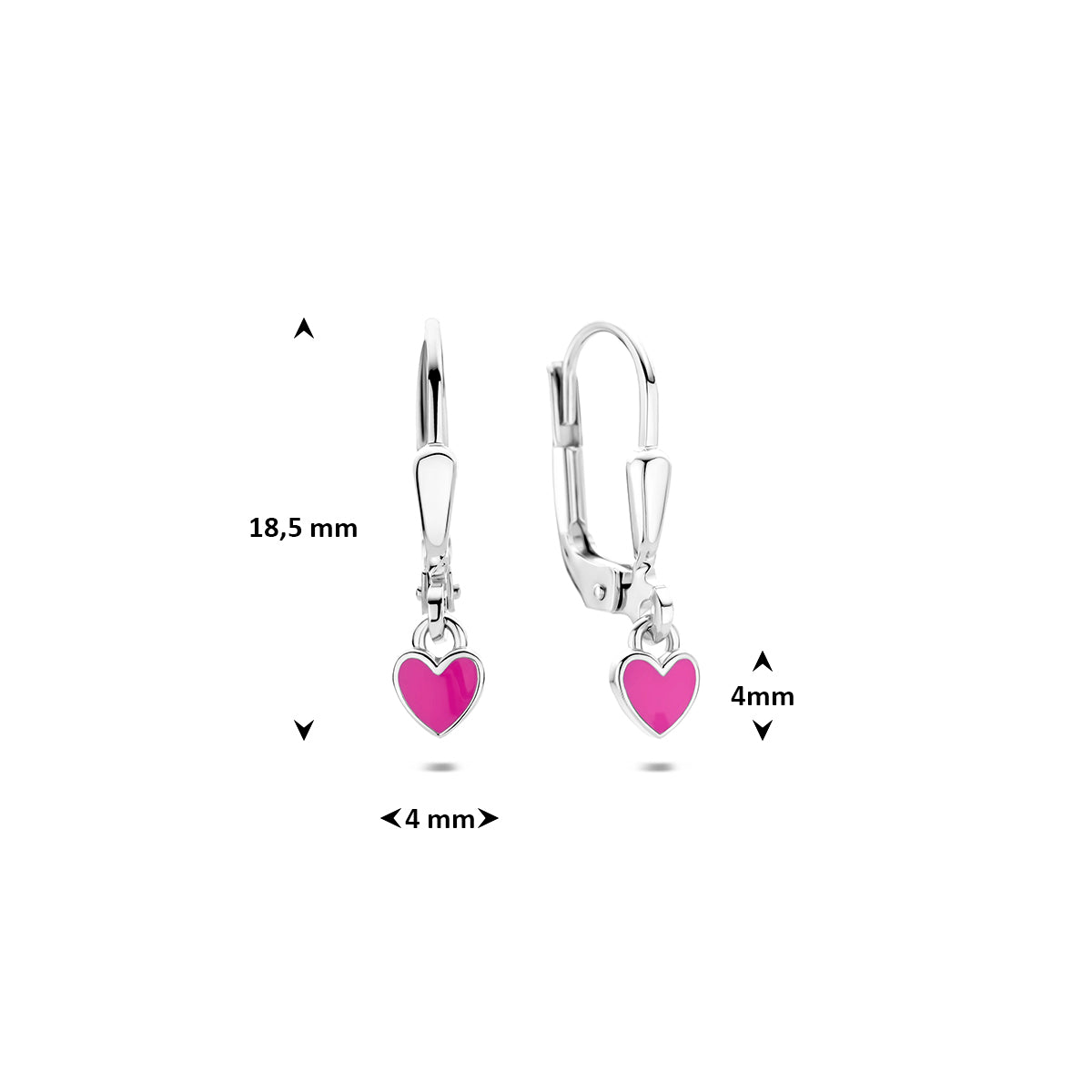 Kinderoorbellen zilver: afmetingen van de 925 gerhodineerd zilveren kinderoorhangers met roze hartje, 18,5 mm hoog en 4,0 mm breed.