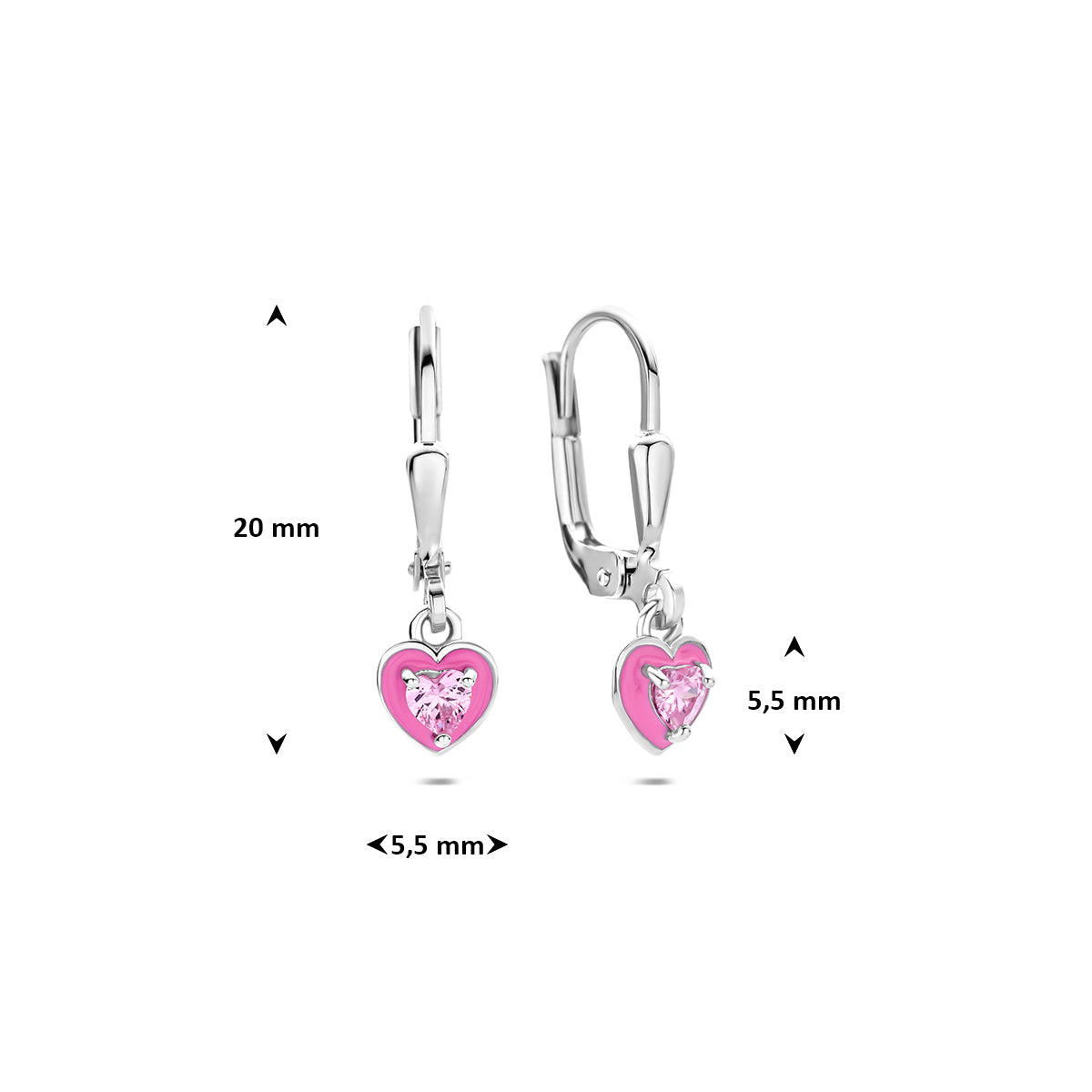 Kinderoorbellen zilver: afmetingen van de 925 gerhodineerd zilveren kinderoorhangers met zirkonia hartje, 20,0 mm hoog en 5,5 mm breed.