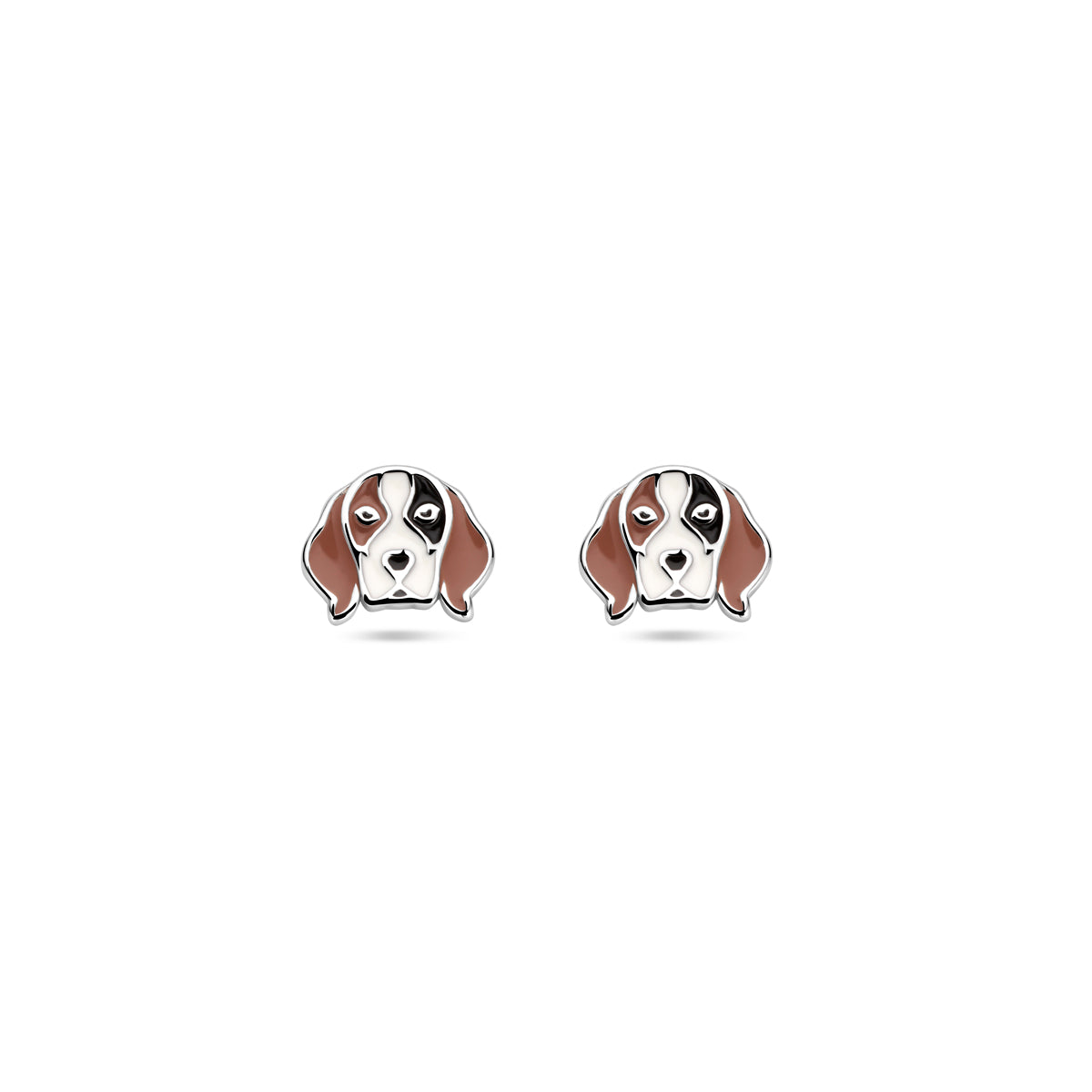 Vooraanzicht van de 925 gerhodineerd zilveren kinderoorknoppen hondje met emaille, 7 mm hoog en 8,5 mm breed.