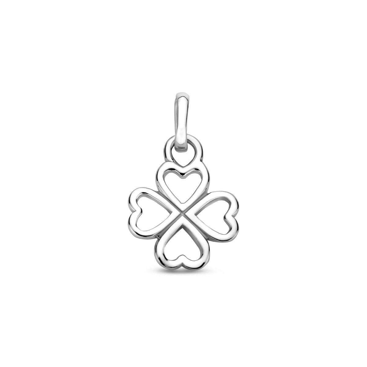 Vooraanzicht van de zilveren klavertje hanger.