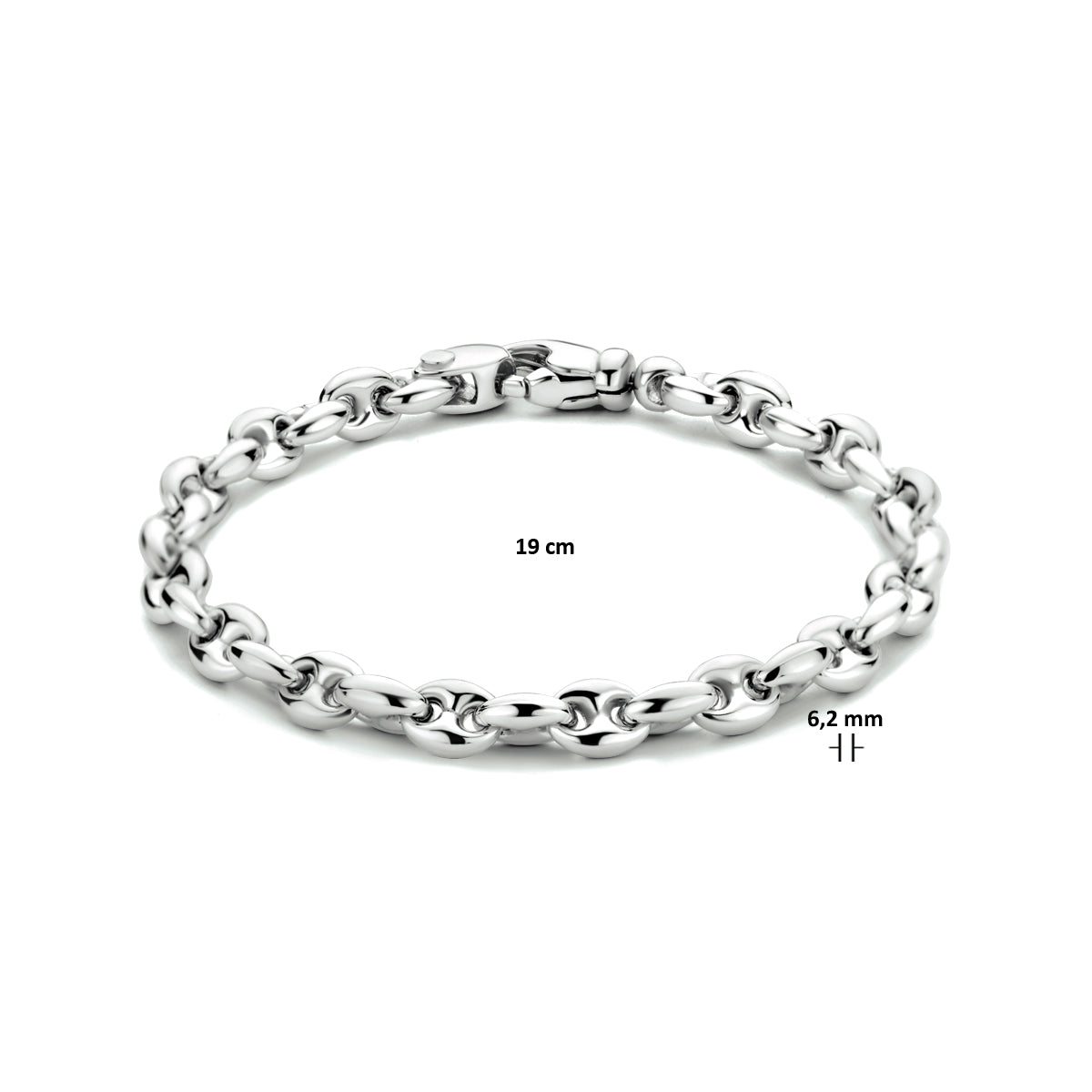 Afmetingen van de zilveren koffieboon armband: 19 cm lang en 6,2 mm breed.