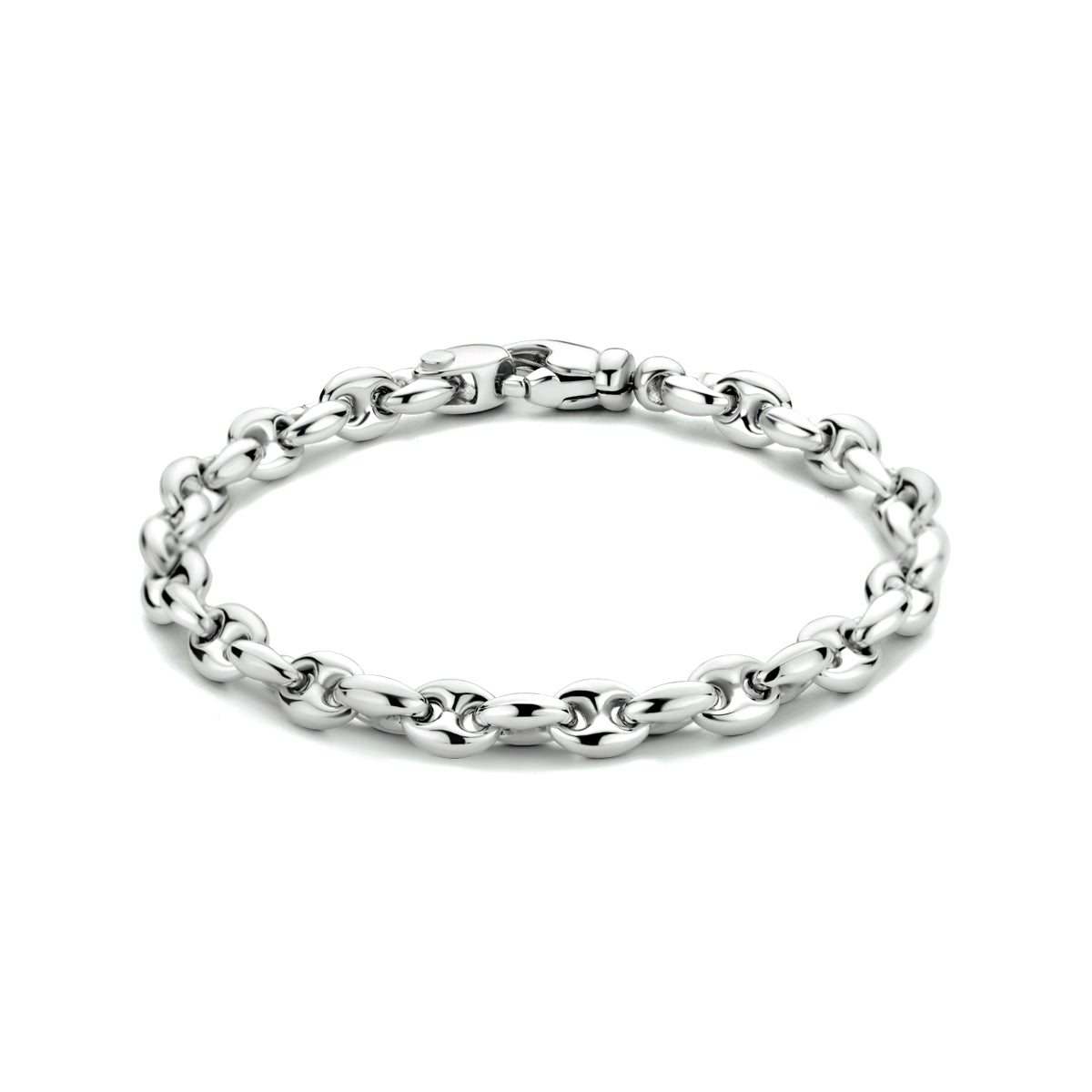 Vooraanzicht van de zilveren koffieboon armband.
