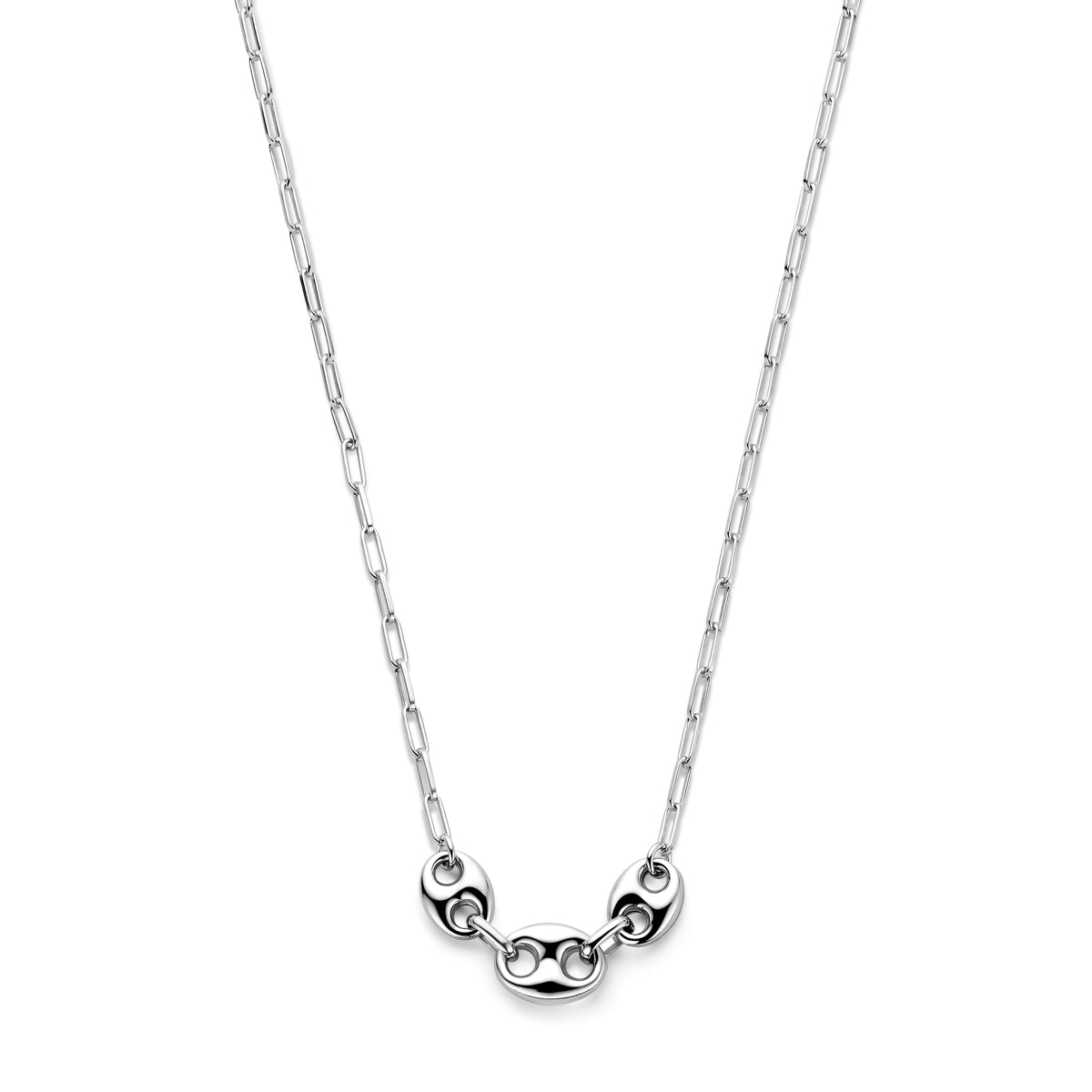 Vooraanzicht van de 925 gerhodineerd zilveren koffieboon ketting, 9,5 mm hoog en 12,5 mm breed.
