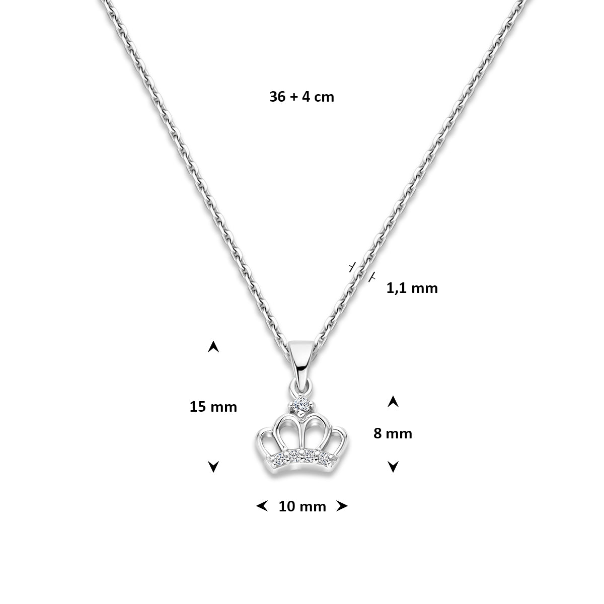 Afmetingen van de zilveren kroon kinderketting met zirkonia: 36 cm + 4 cm lang, kroontje van 15 x 10 mm.