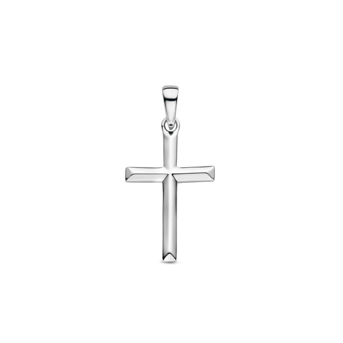 Vooraanzicht van de zilveren kruis hanger in de maat 20 mm.
