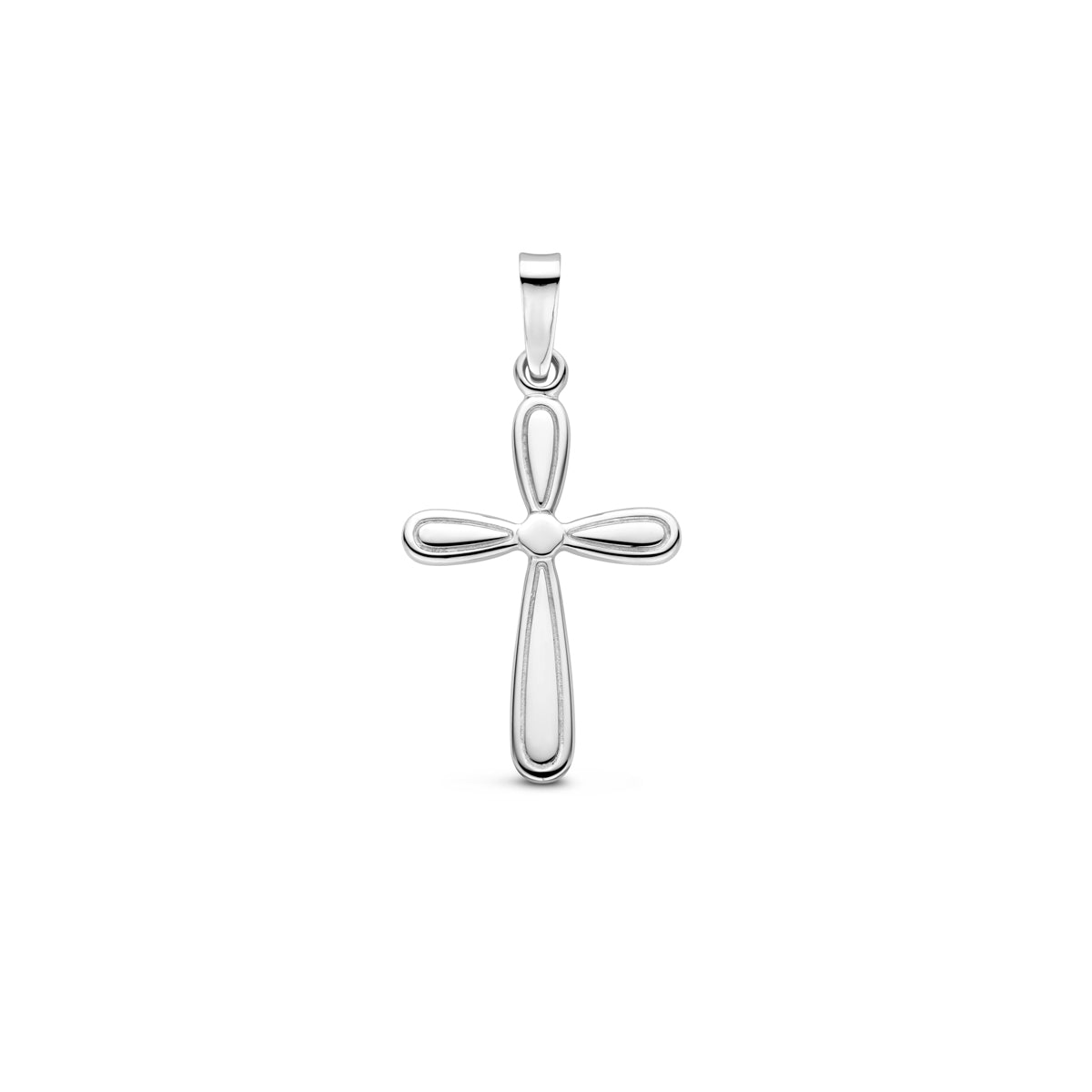 Vooraanzicht van de zilveren kruis hanger.