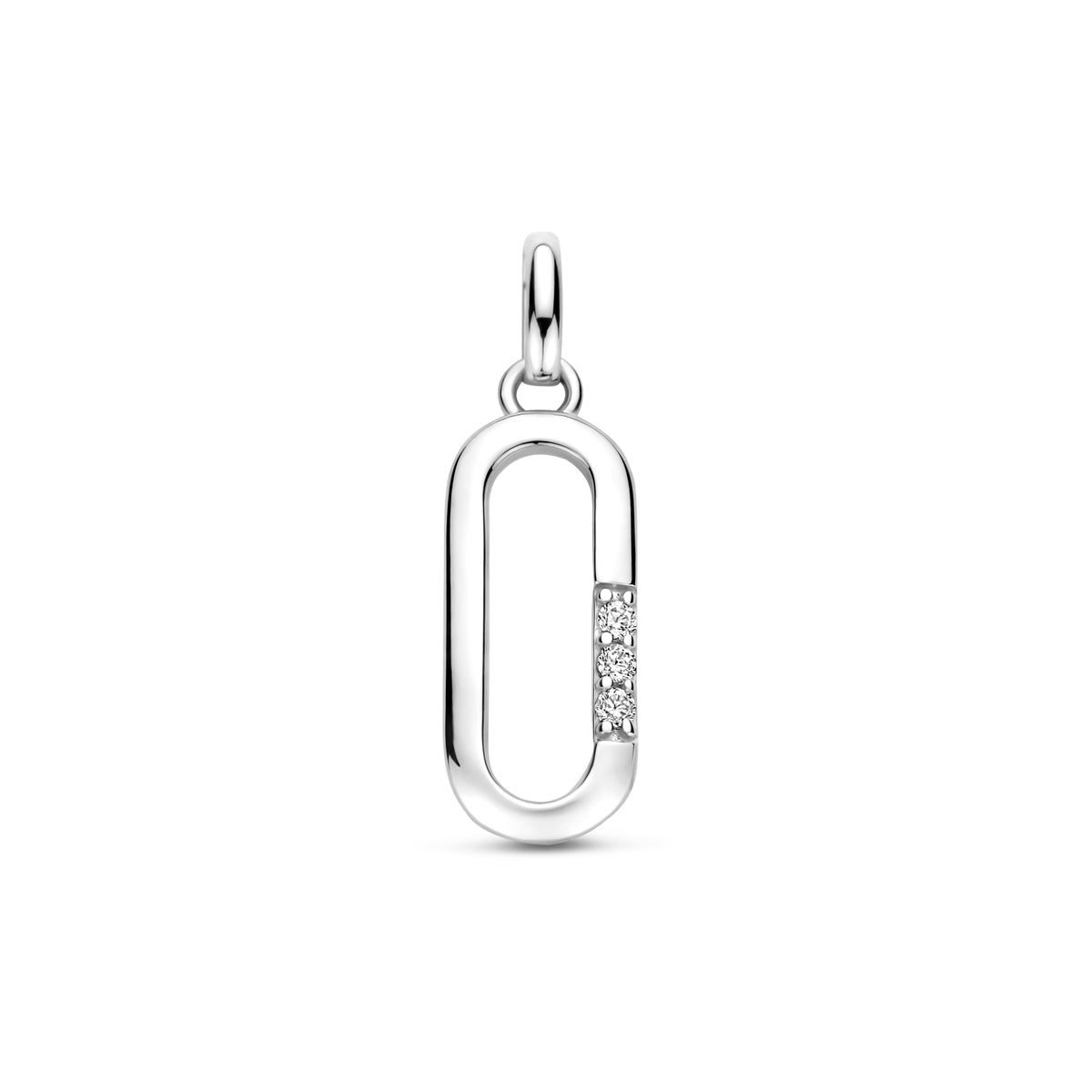 Vooraanzicht van de 925 gerhodineerd zilveren langwerpige hanger met zirkonia, 20 mm hoog en 6 mm breed.