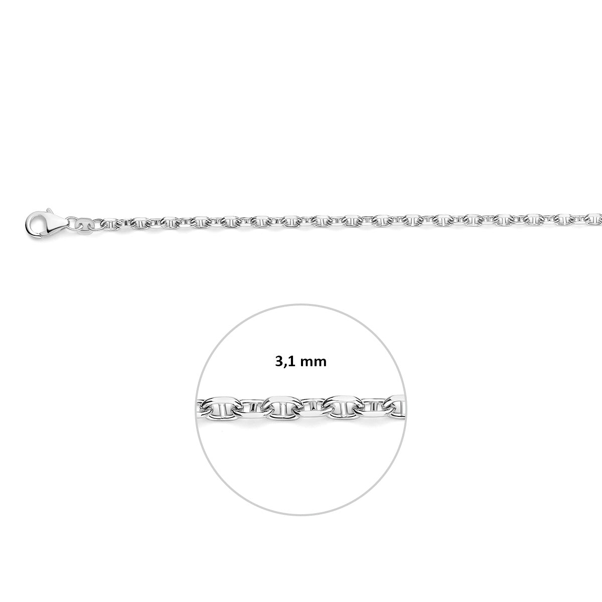 Marine armband: 925 gerhodineerd zilveren marine armband, met de schakelbreedte van 3,1 mm aangegeven