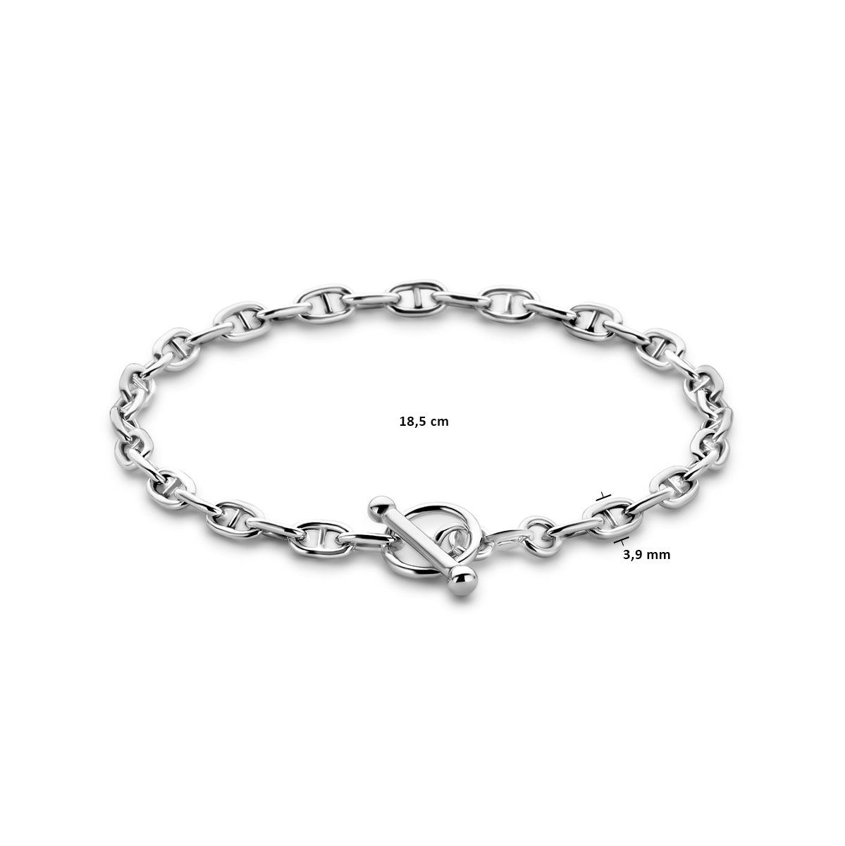 Afmetingen van de zilveren marine armband: 18,5 cm lang en 3,9 mm breed.