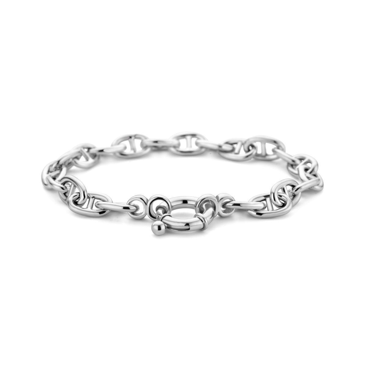 Vooraanzicht van de zilveren marine schakel armband.
