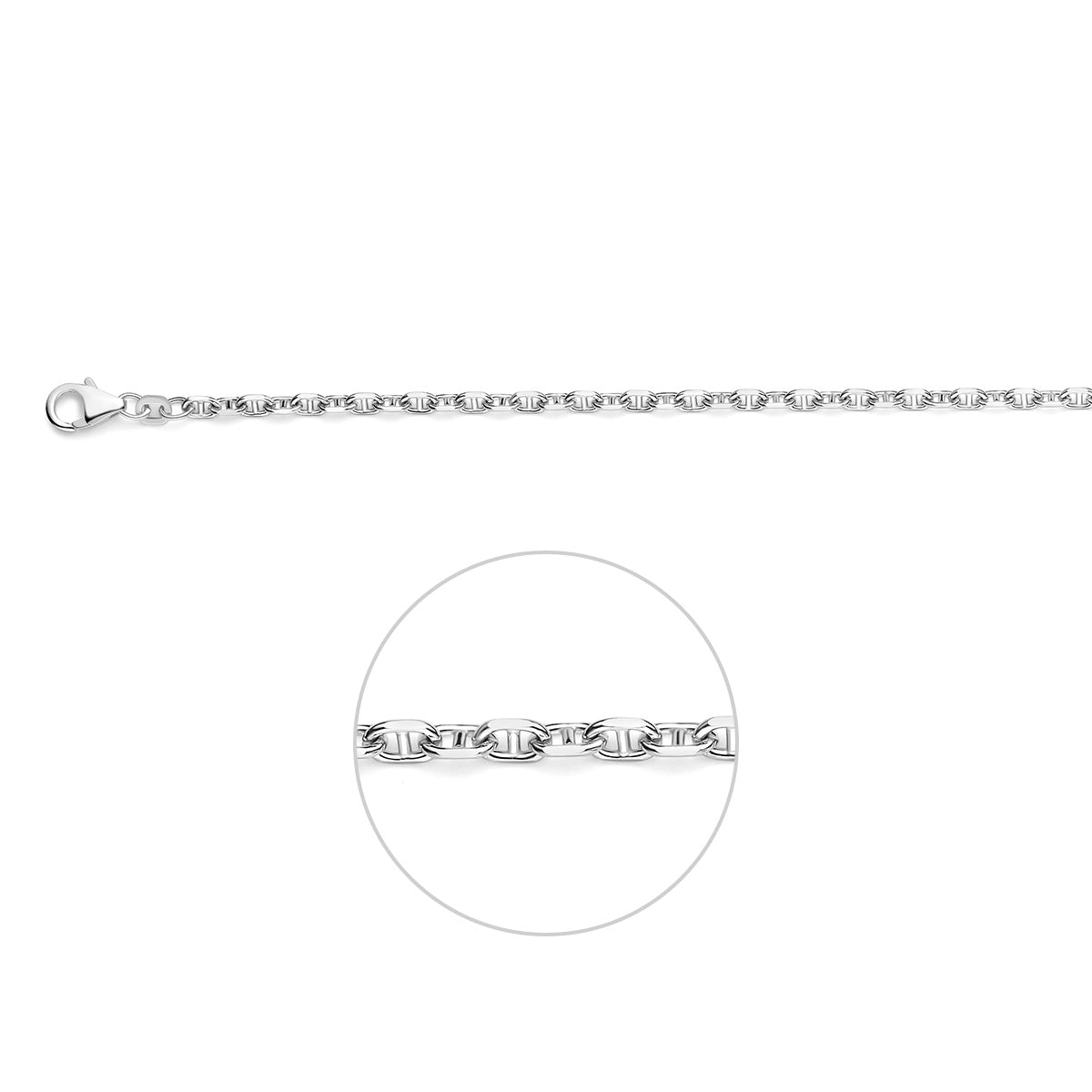 Marine ketting: 925 gerhodineerd zilveren marine halsketting van 3,1 mm breed, vooraanzicht