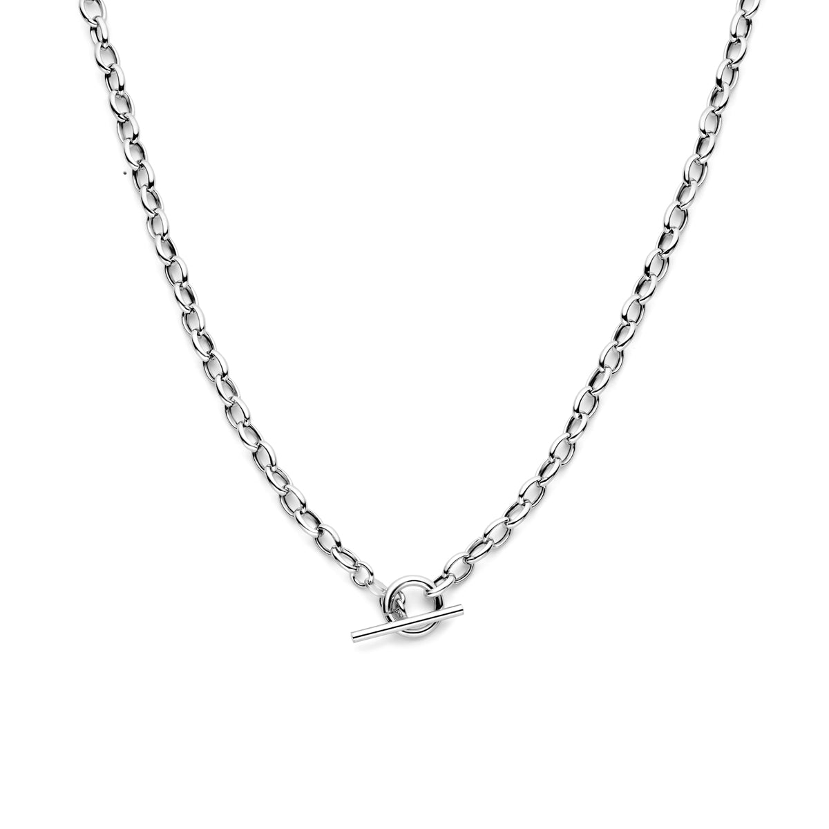 Vooraanzicht van de zilveren marine ketting met kapittelslot.