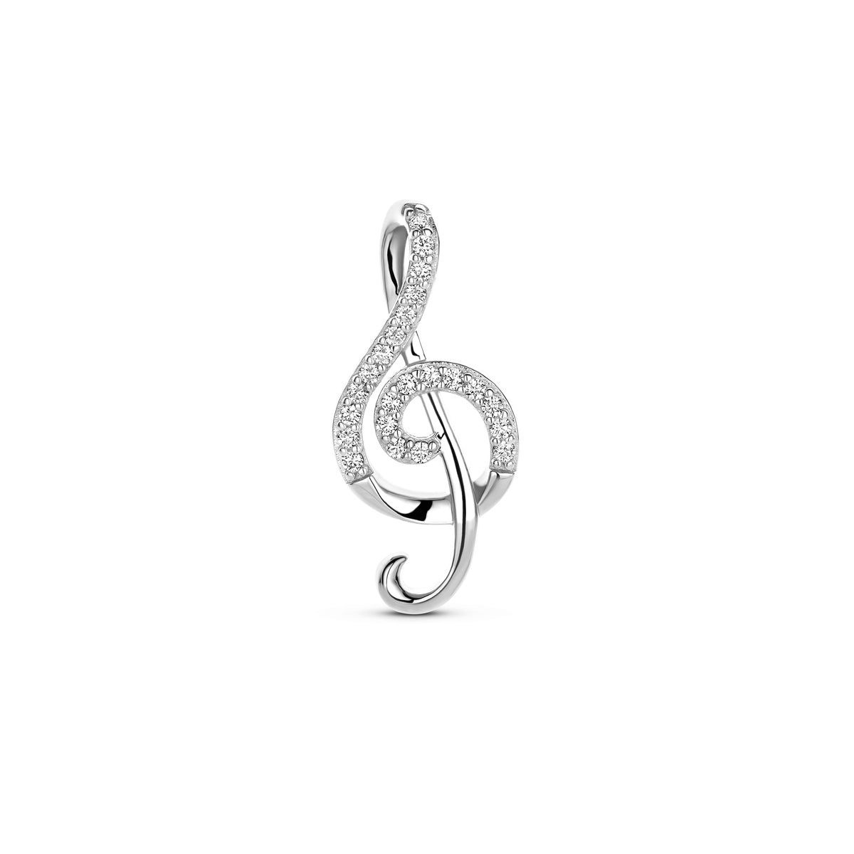 Vooraanzicht van de zilveren muzieknoot hanger met zirkonia.