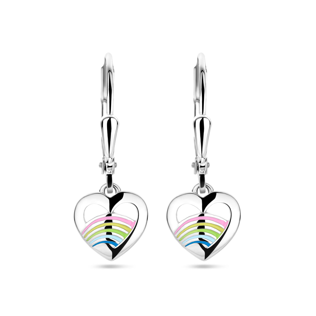 Vooraanzicht van de 925 gerhodineerd zilveren oorhangers hartje emaille, 23 mm hoog en 8 mm breed.