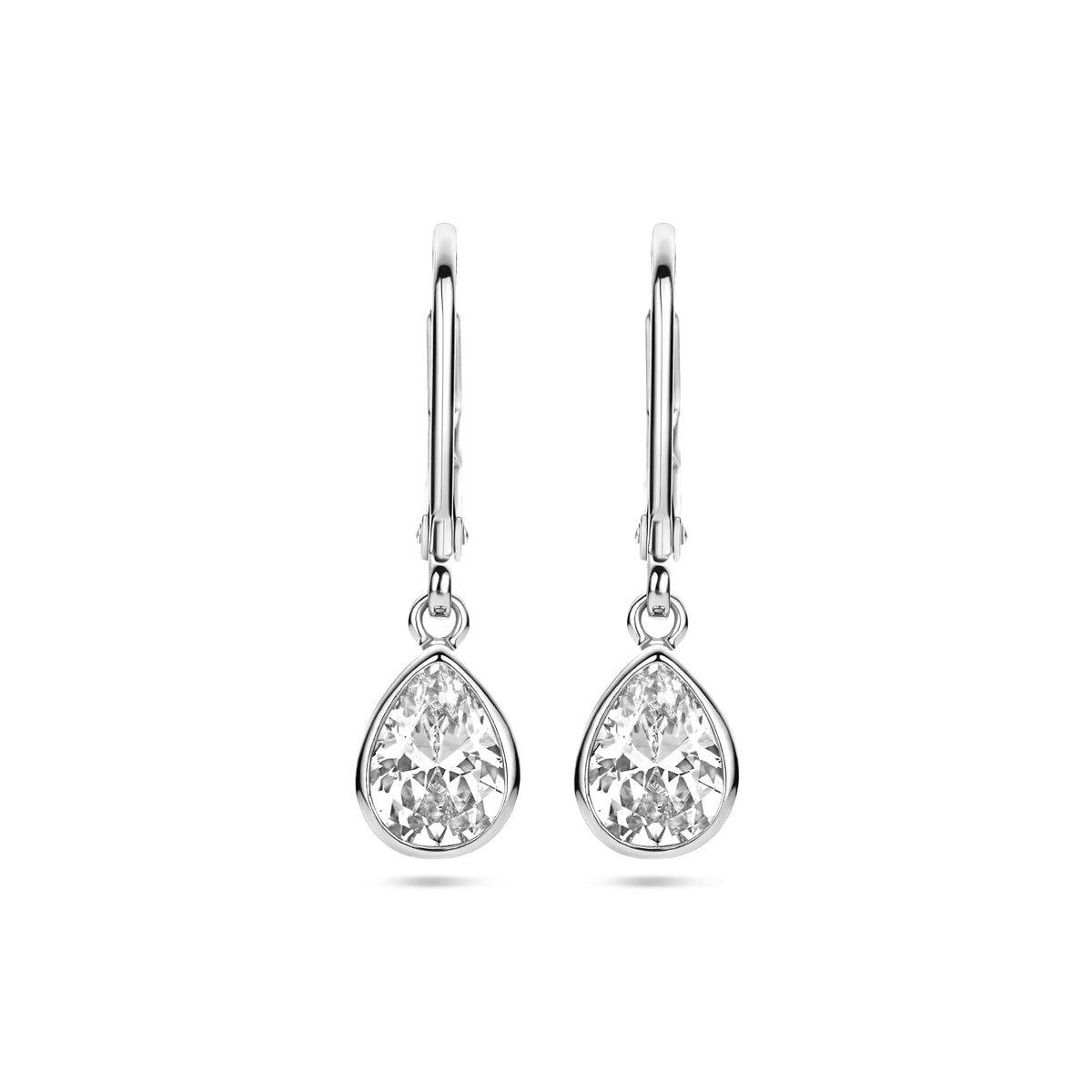 Vooraanzicht van de 925 gerhodineerd zilveren oorhangers zirkonia druppelvorm, 27 mm hoog en 7,5 mm breed.