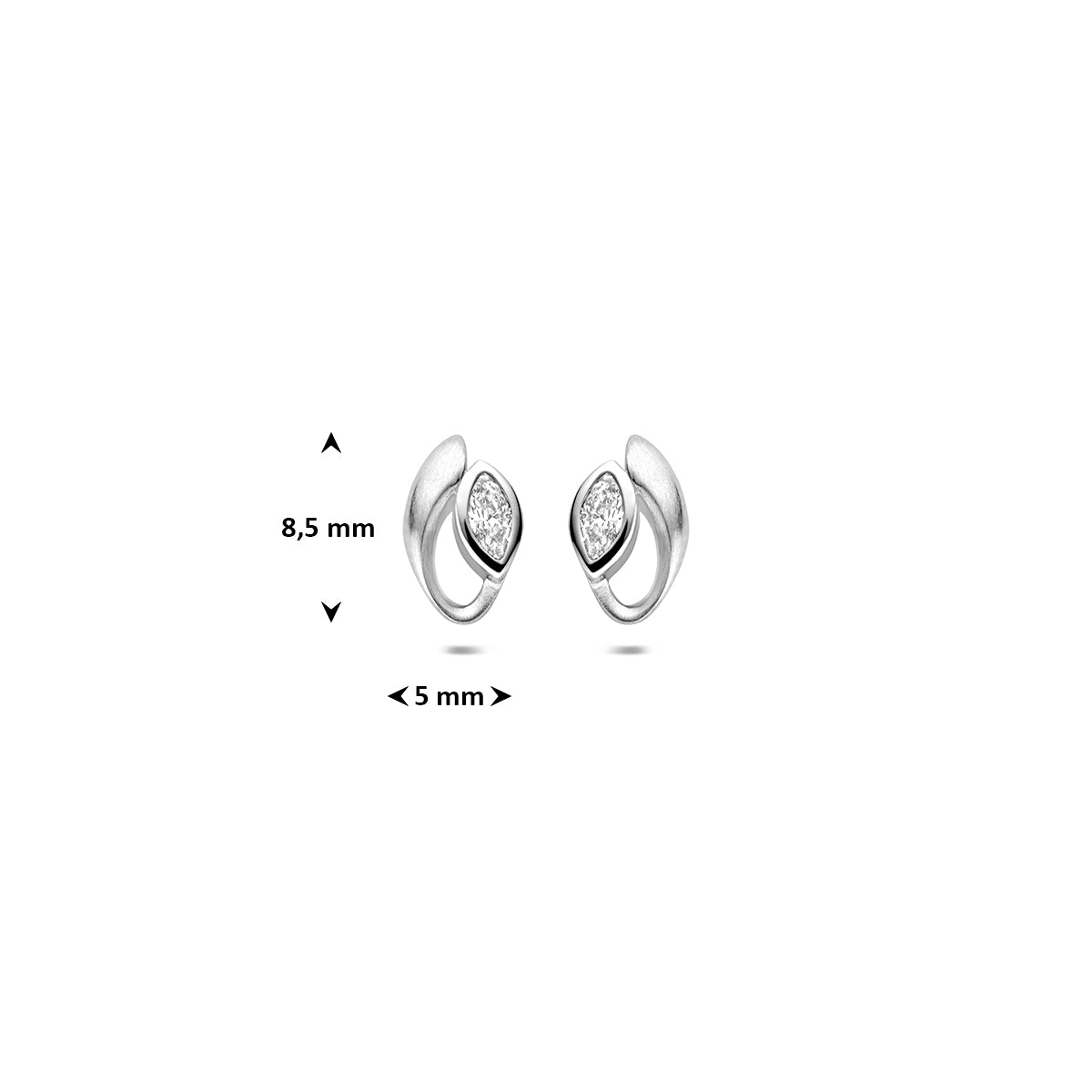 Zilveren oorknopjes met zirkonia: afmetingen van de 925 gerhodineerd zilveren oorknopjes met marquise zirkonia, 8,5 mm hoog en 5,0 mm breed.