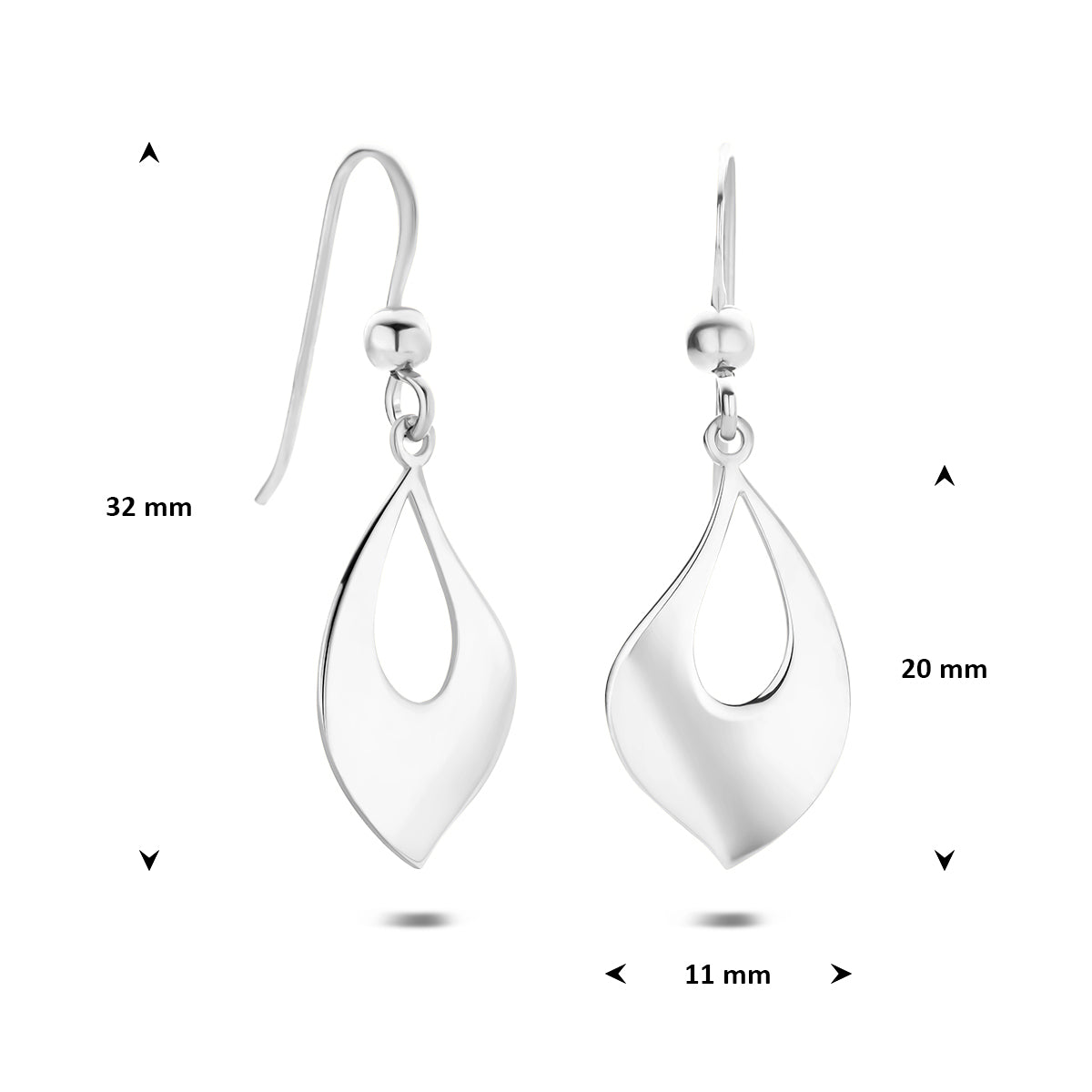 Zilveren oorhangers: afmetingen van de 925 gerhodineerd zilveren open druppel oorhangers, 32,0 mm hoog en 11,0 mm breed.