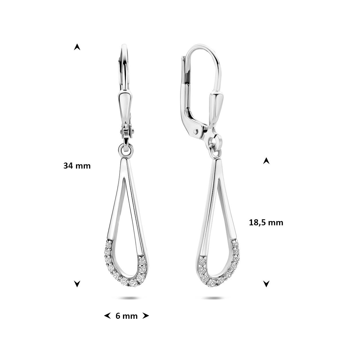 Zilveren oorhangers: afmetingen van de 925 gerhodineerd zilveren open druppel oorhangers met zirkonia, 34,0 mm hoog en 6,0 mm breed.