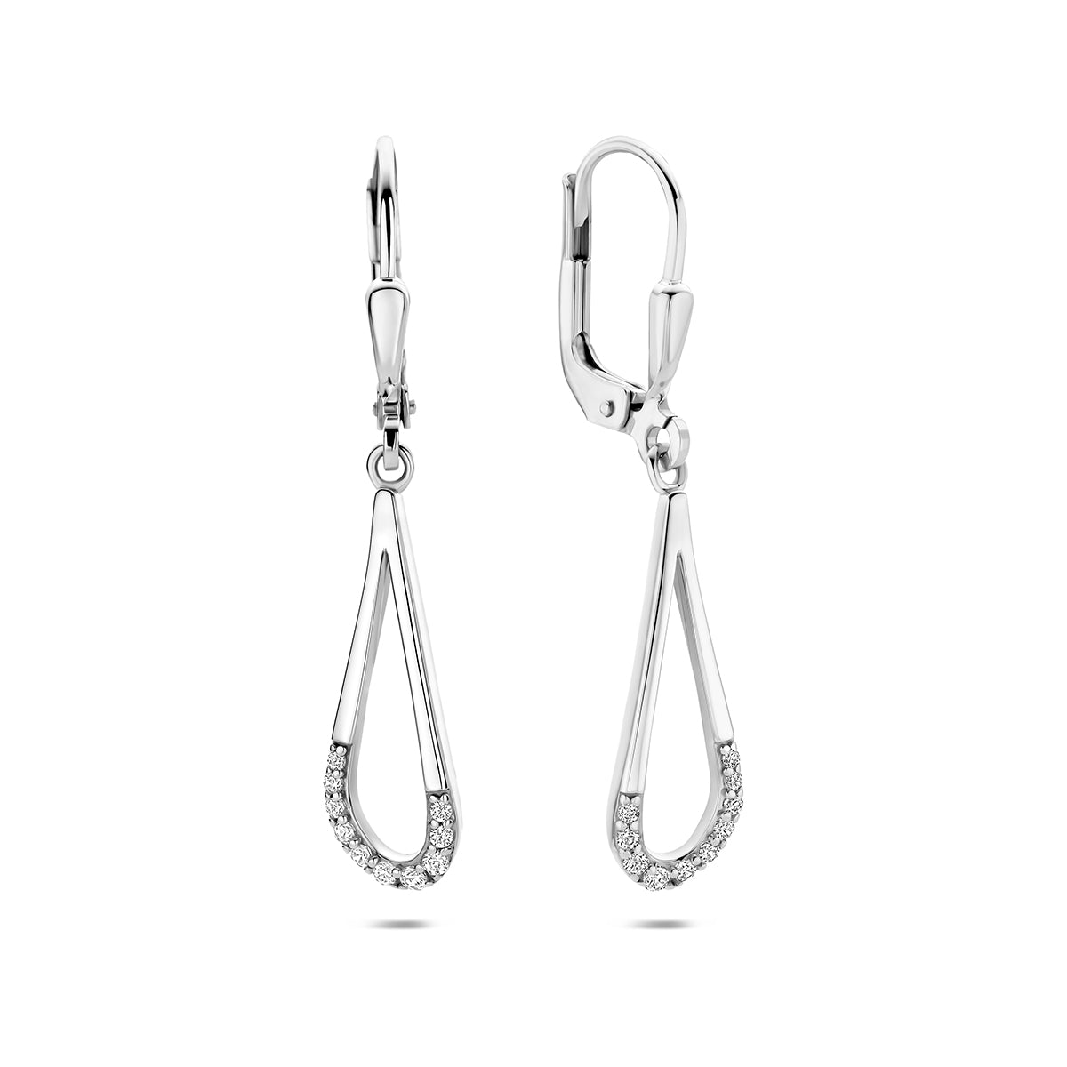 Zilveren oorhangers: vooraanzicht van de 925 gerhodineerd zilveren open druppel oorhangers met zirkonia.