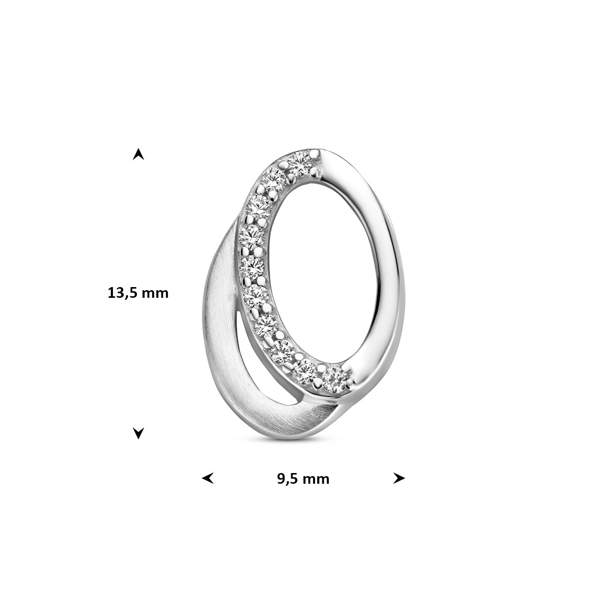 Zilveren hanger met zirkonia: afmetingen van de 925 gerhodineerd zilveren ovale hanger met zirkonia, 13,5 mm hoog inclusief oog en 9,5 mm breed.