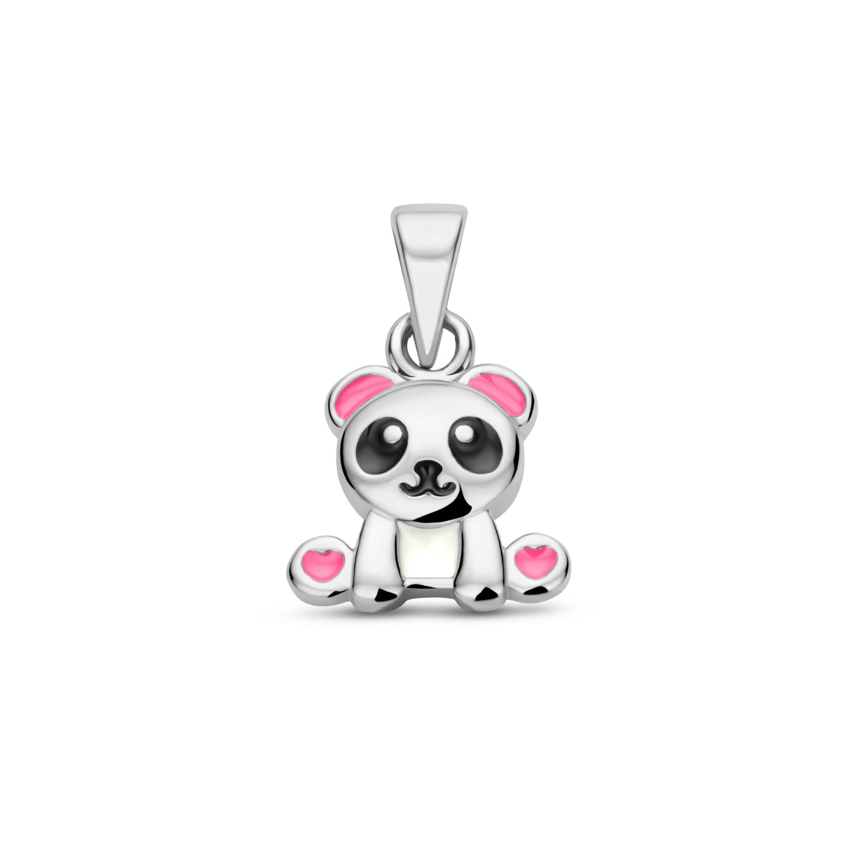 Vooraanzicht van de zilveren panda kinderhanger met emaille.