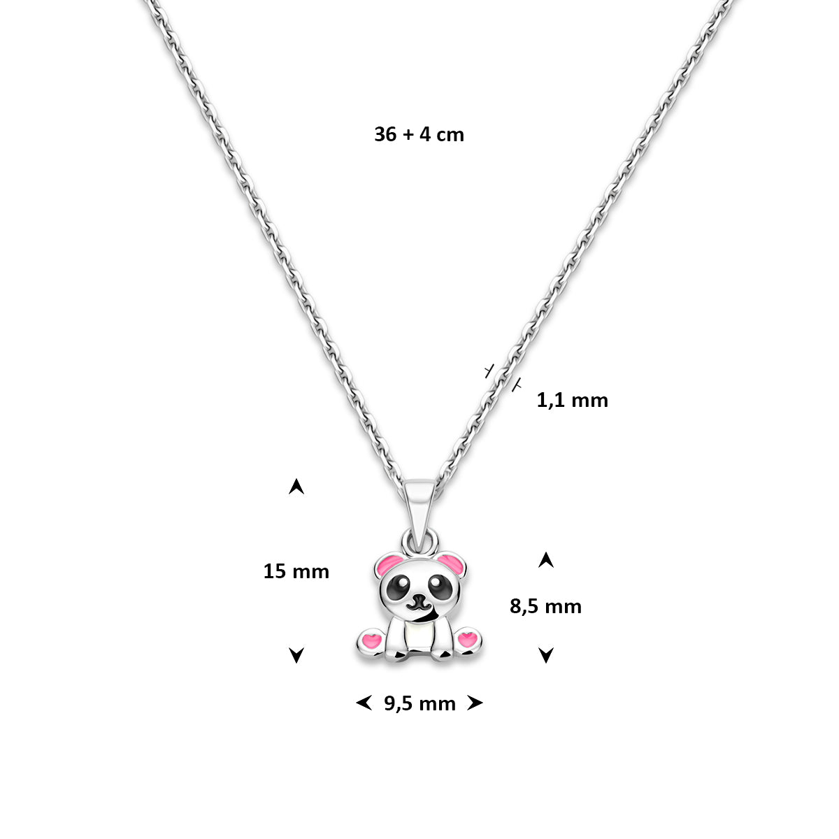 Afmetingen van de zilveren panda kinderketting met emaille: 36 cm lang met 4 cm verlengstuk, hanger 15 mm.