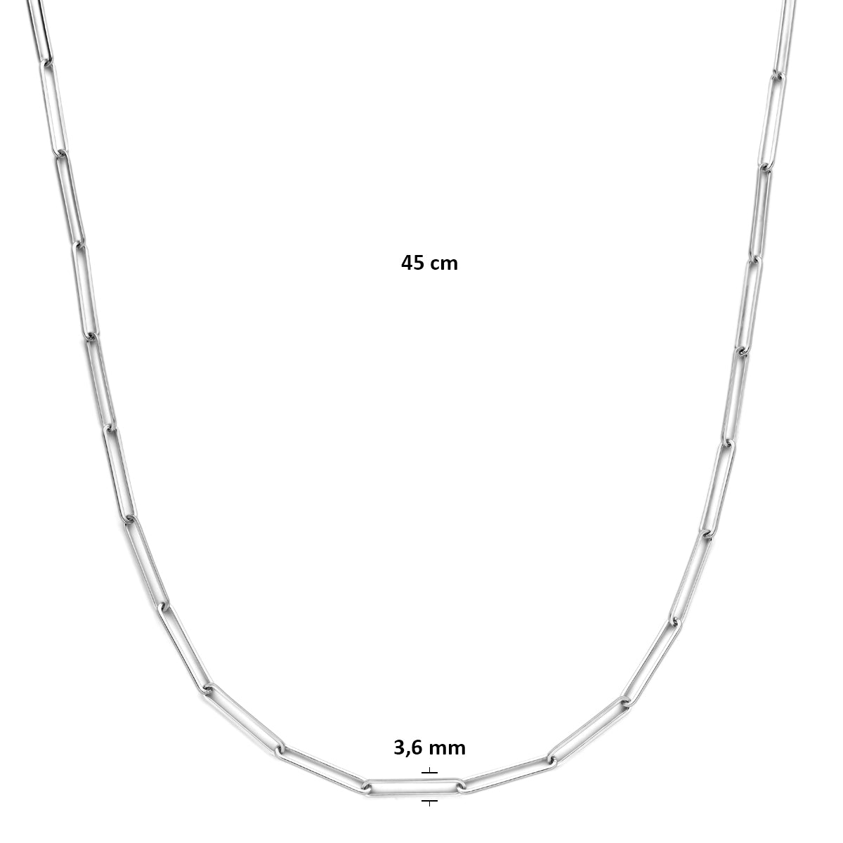 Afmetingen van de zilveren paperclip ketting: 45 cm lang en 3,6 mm breed.
