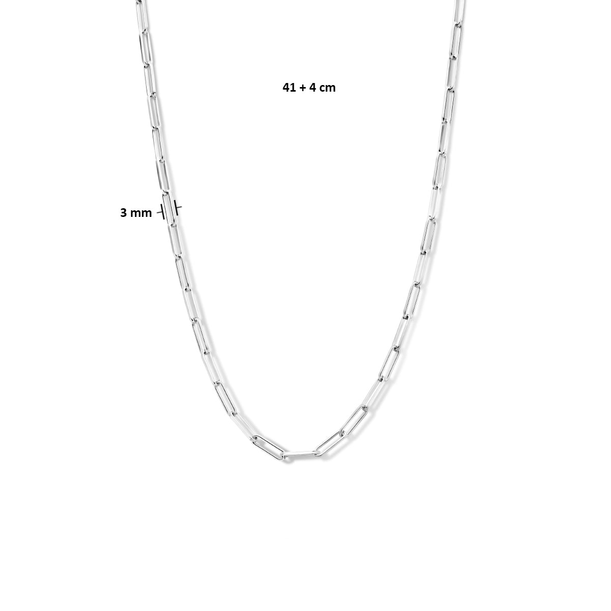 Afmetingen van de zilveren paperclip ketting: 41 cm lang met 4 cm verlengstuk en 3 mm breed.