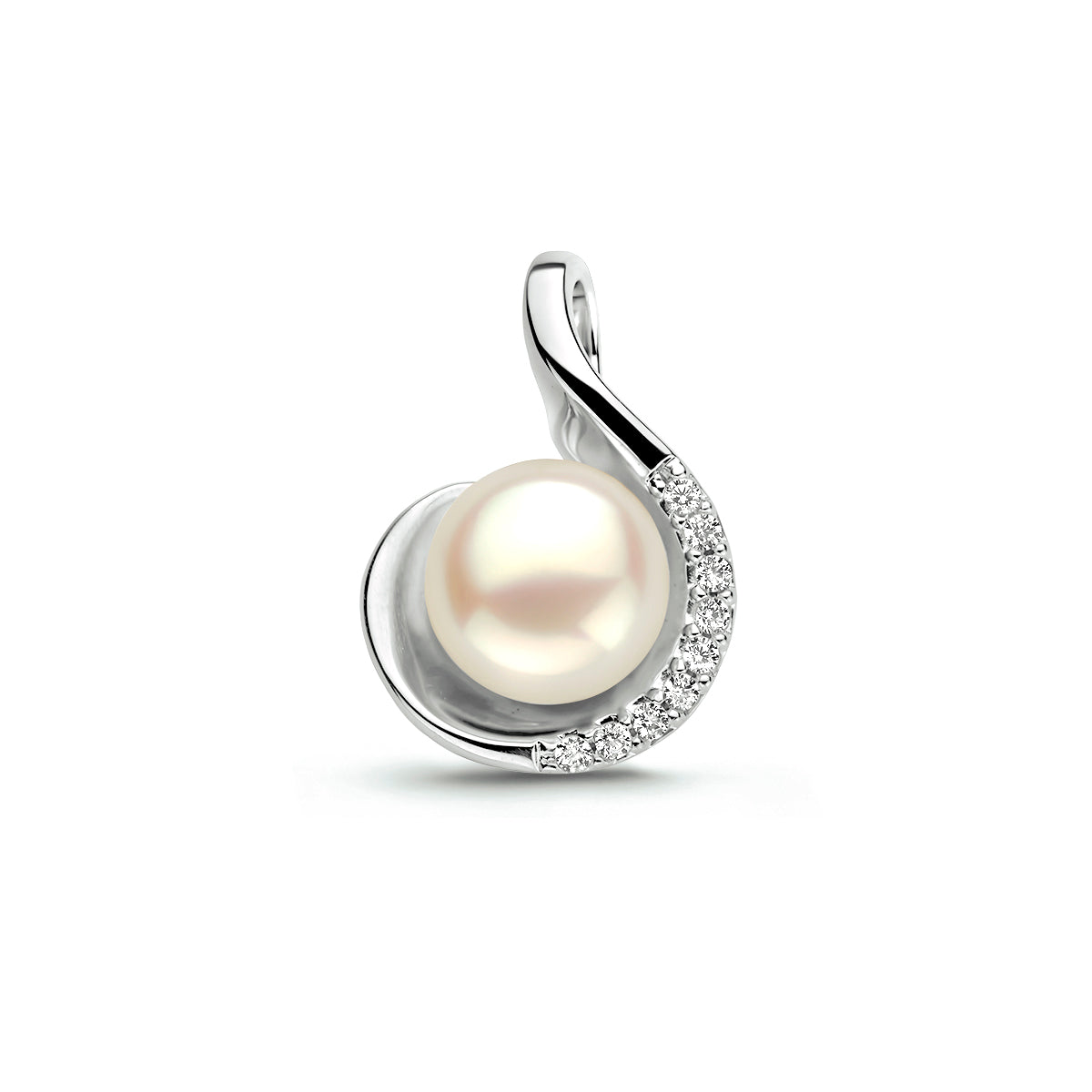 Vooraanzicht van de 925 gerhodineerd zilveren parel hanger met zirkonia, 18 mm hoog en 12,5 mm breed.