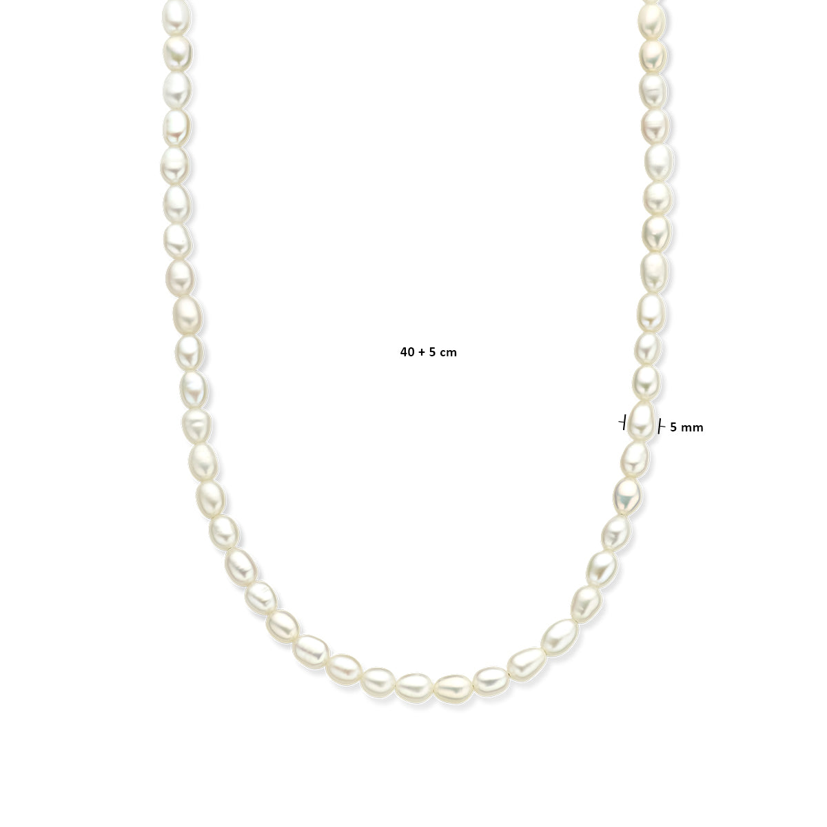Afmetingen van de zilveren parelketting: 40 cm plus 5 cm verlenging en parels van 5 mm.