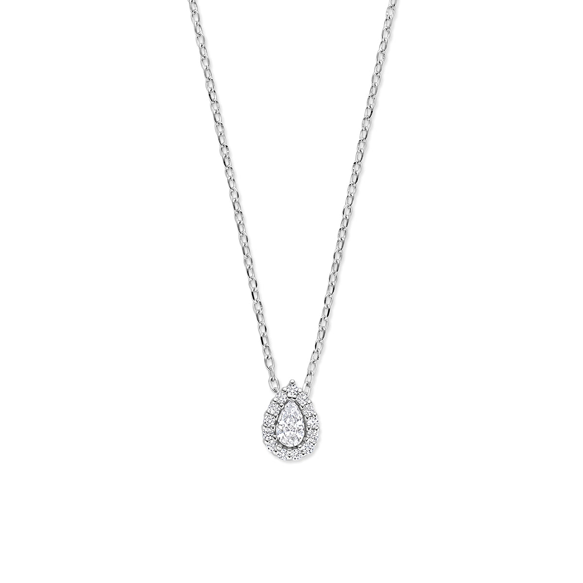 Vooraanzicht van de 925 gerhodineerd zilveren peervormige zirkonia ketting, 8,5 mm hoog en 6 mm breed.