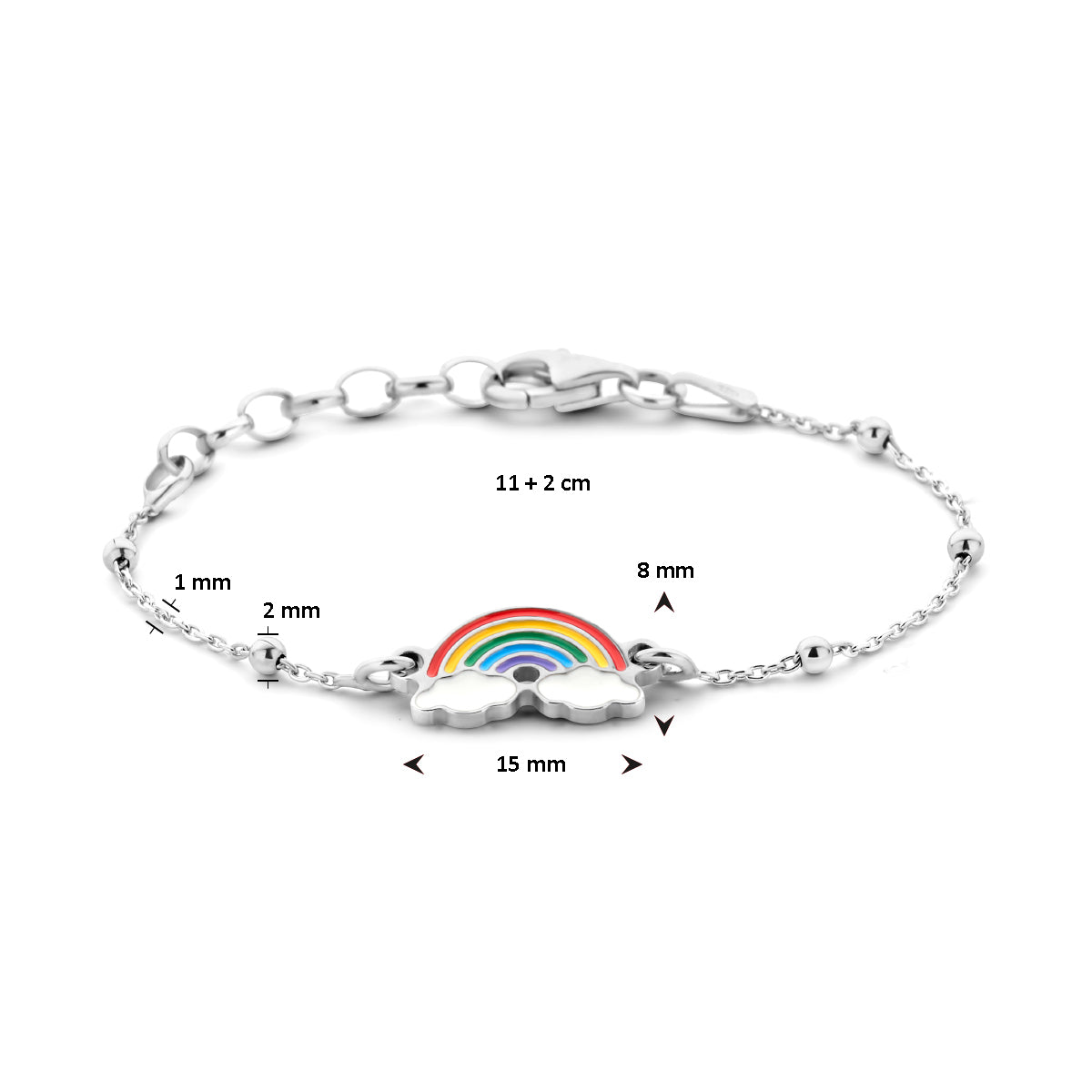 Afmetingen van de zilveren regenboog kinderarmband: 11 cm lang met 2 cm verlengstuk, regenboog 8 x 15 mm.