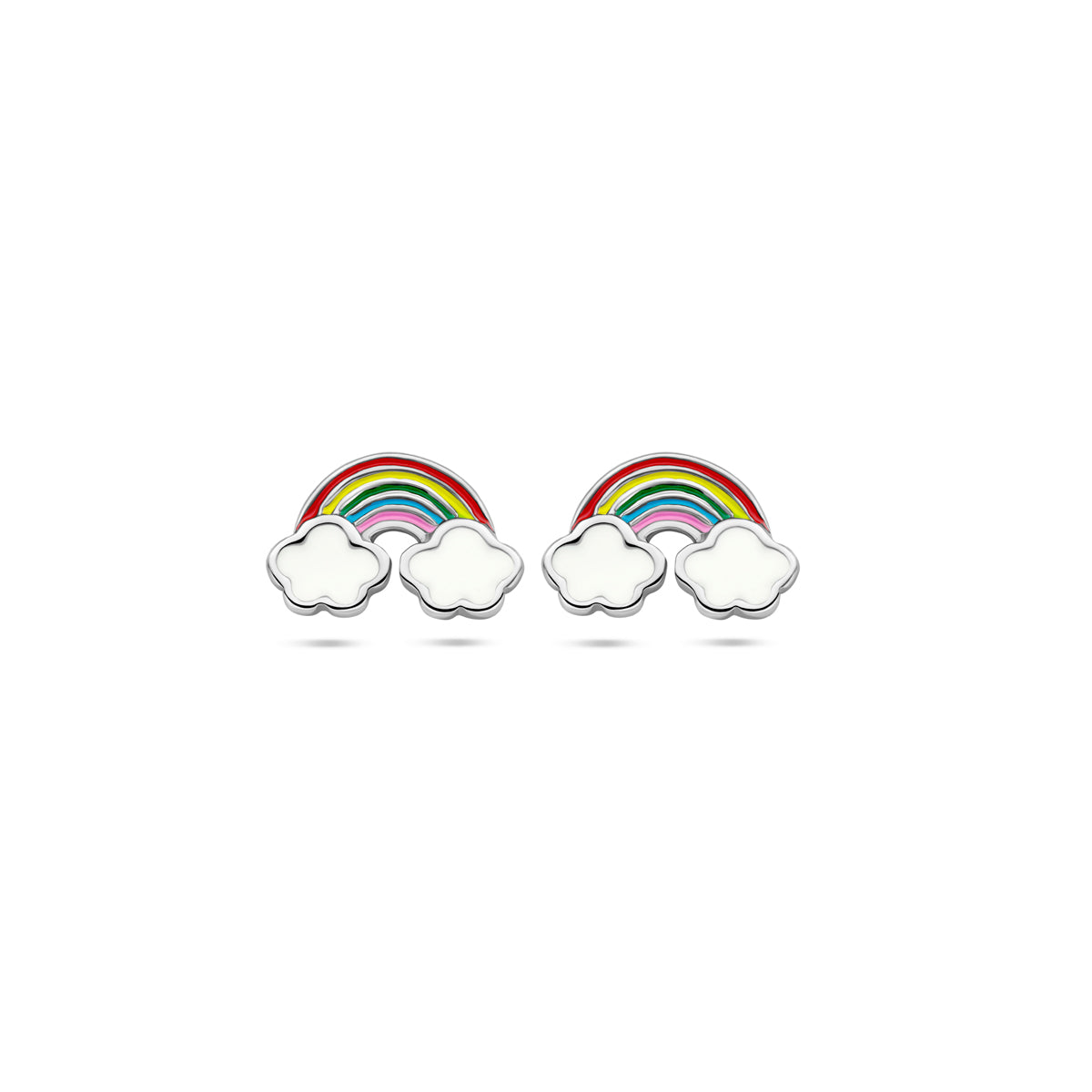 Vooraanzicht van de zilveren regenboog kinderoorknopjes met emaille.