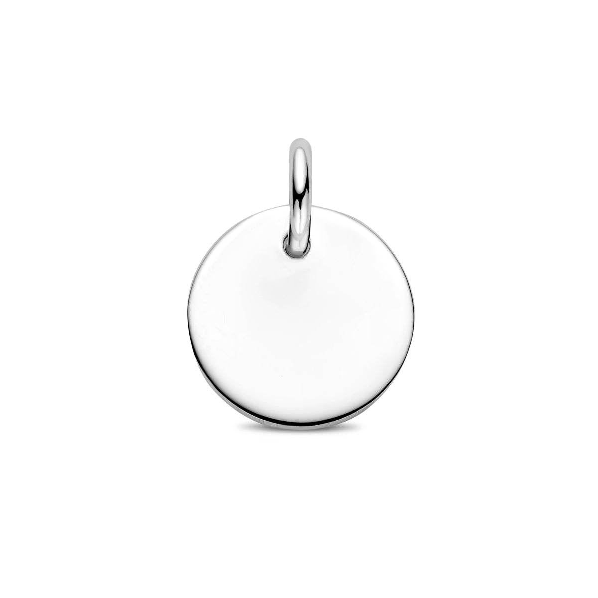Vooraanzicht van de zilveren ronde graveerhanger in de maat 12,5 mm.