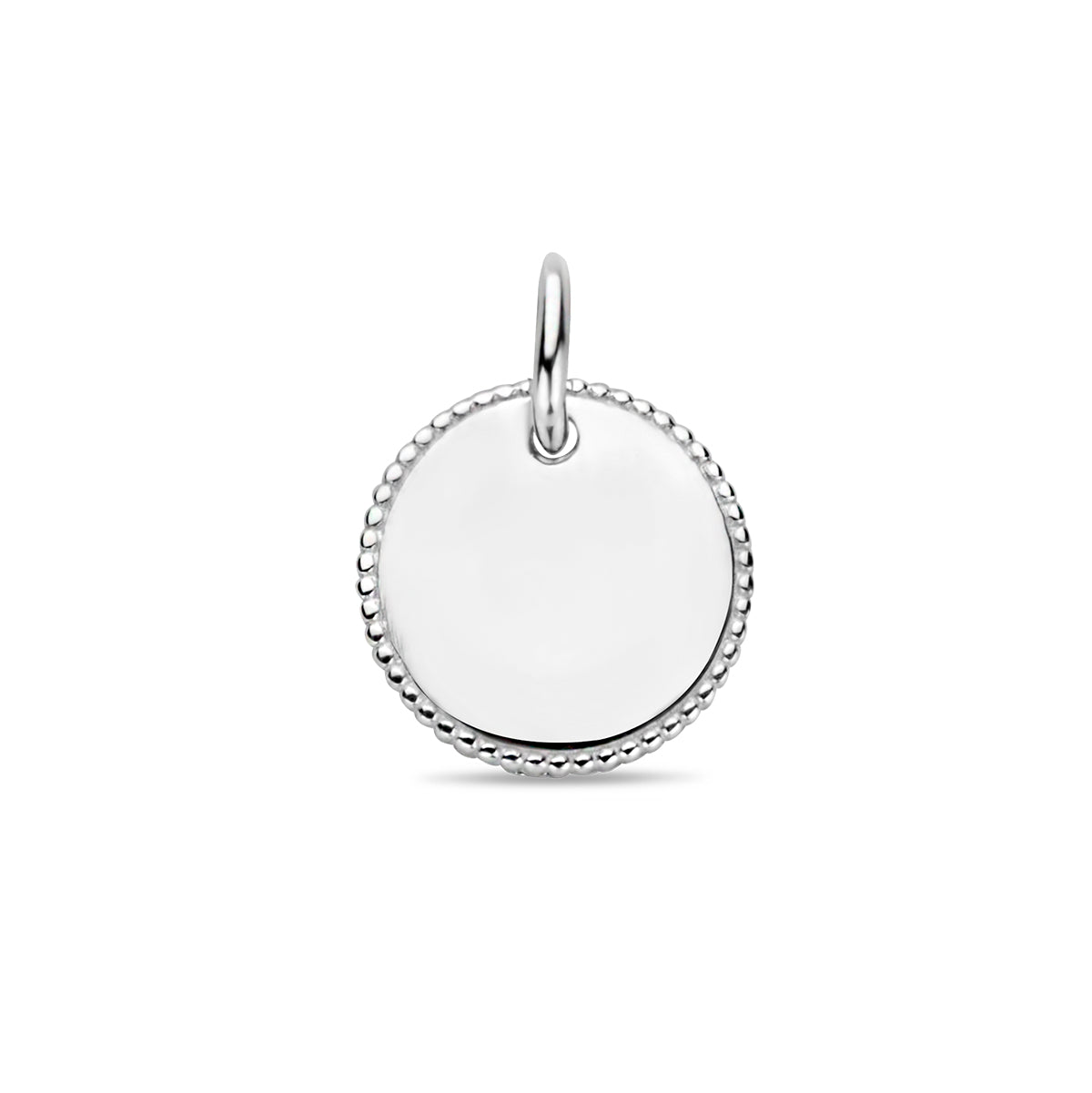 Vooraanzicht van de zilveren ronde graveerplaatje hanger in de maat 10 mm.