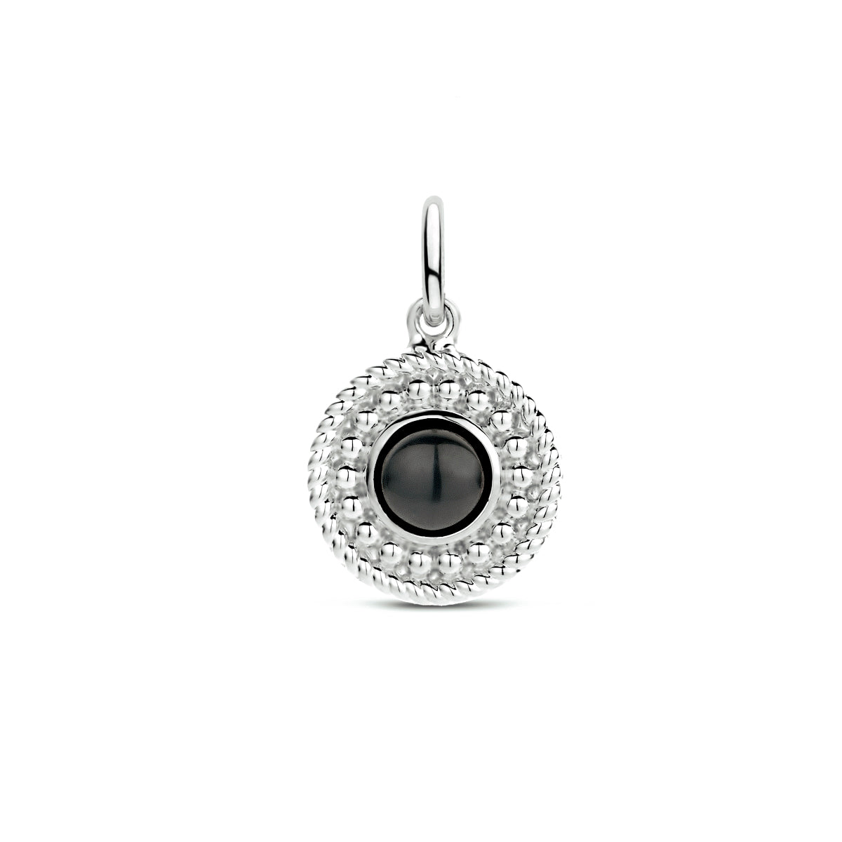 Vooraanzicht van de ronde zilveren onyx hanger.