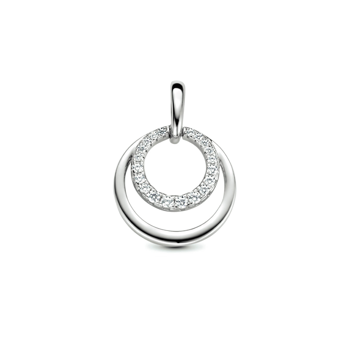 Vooraanzicht van de zilveren ronde hanger met zirkonia.