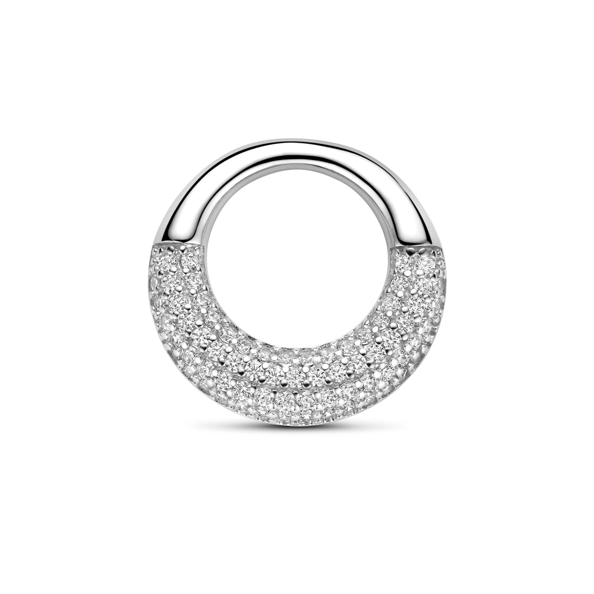 Vooraanzicht van de zilveren ronde hanger met zirkonia.