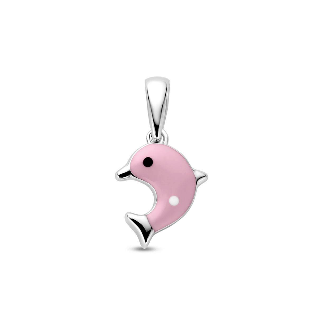 Vooraanzicht van de zilveren dolfijn kinderhanger met roze emaille.